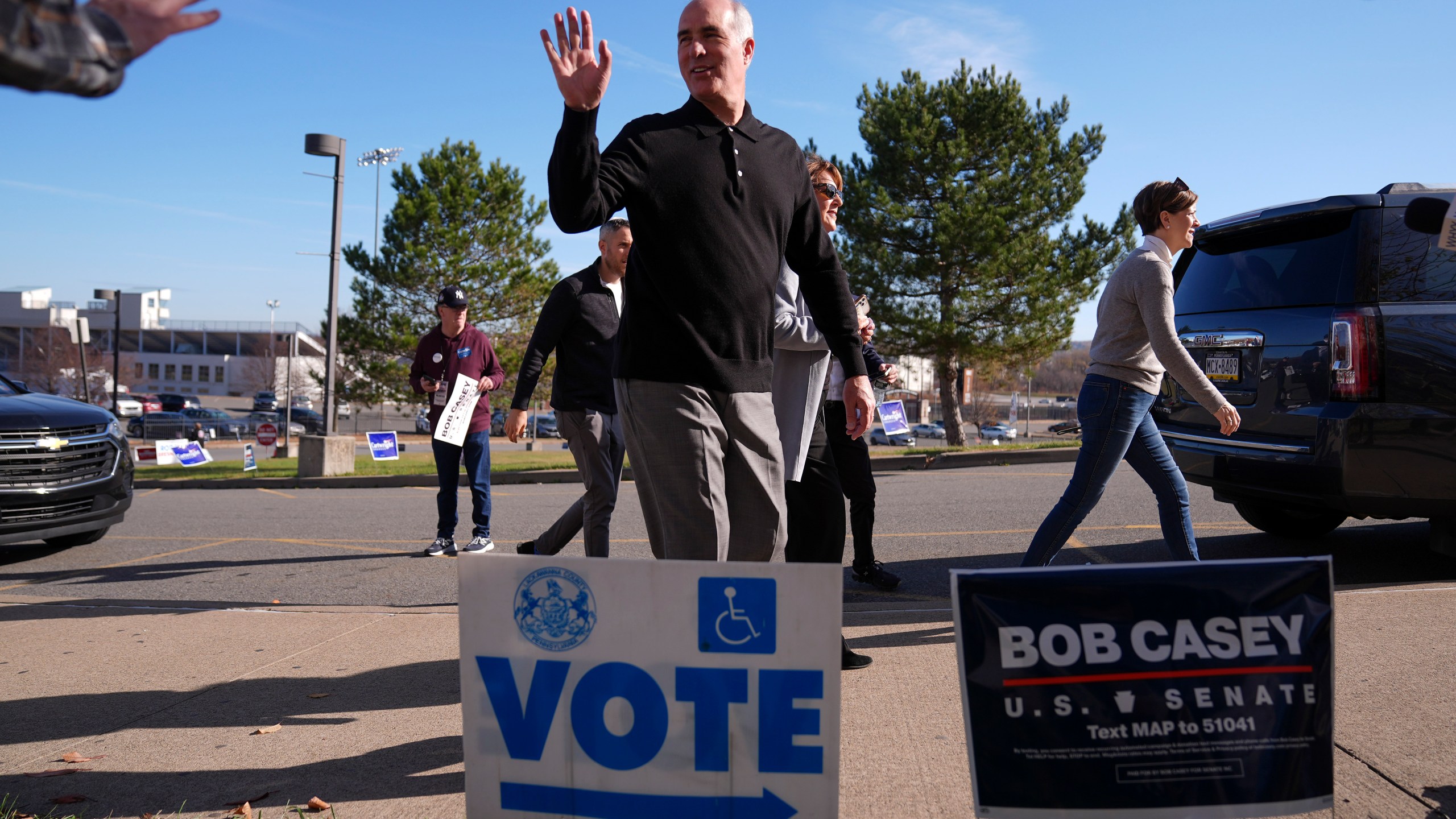 Sen. Bob Casey, D-Pa., departs a polling place after voting, Tuesday, Nov. 5, 2024, in Scranton, Pa. (AP Photo/Matt Rourke)