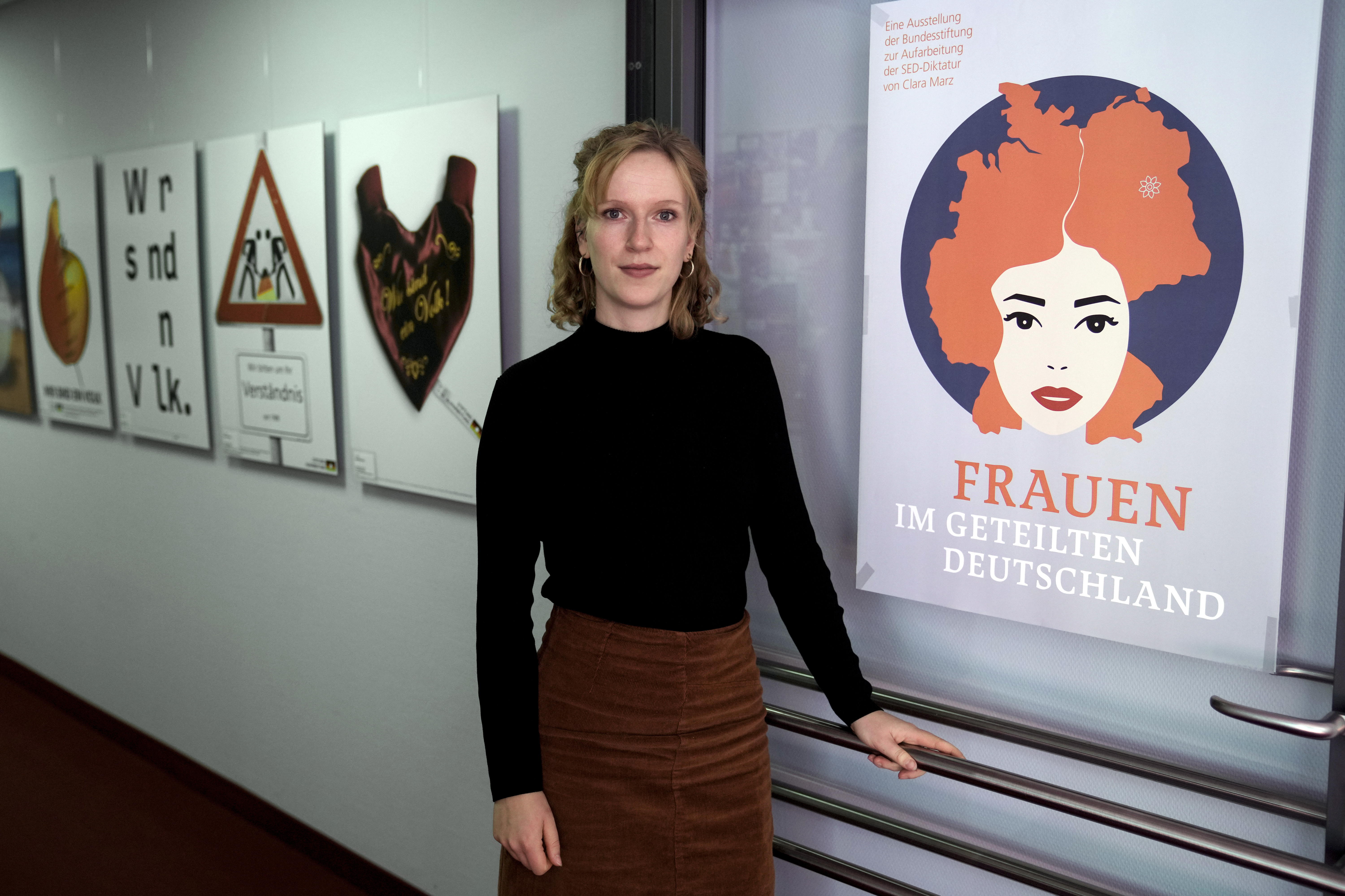 Clara Marz an Organizer of an exhibition about women attends an interview with the Associated Press in her office in Berlin, Germany, Thursday, Oct. 17, 2024. (AP Photo/Ebrahim Noroozi)