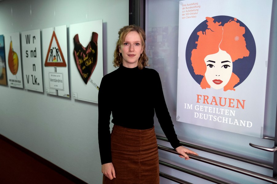 Clara Marz an Organizer of an exhibition about women attends an interview with the Associated Press in her office in Berlin, Germany, Thursday, Oct. 17, 2024. (AP Photo/Ebrahim Noroozi)