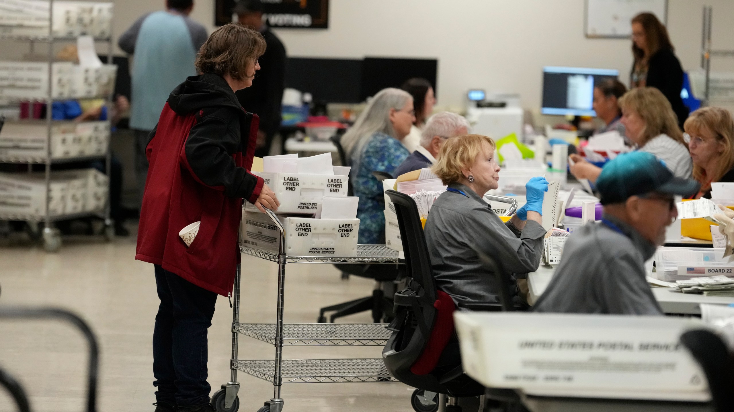 Election workers process ballots at the Maricopa County Tabulation Center Wednesday, Nov. 6, 2024, in Phoenix. (AP Photo/Ross D. Franklin)