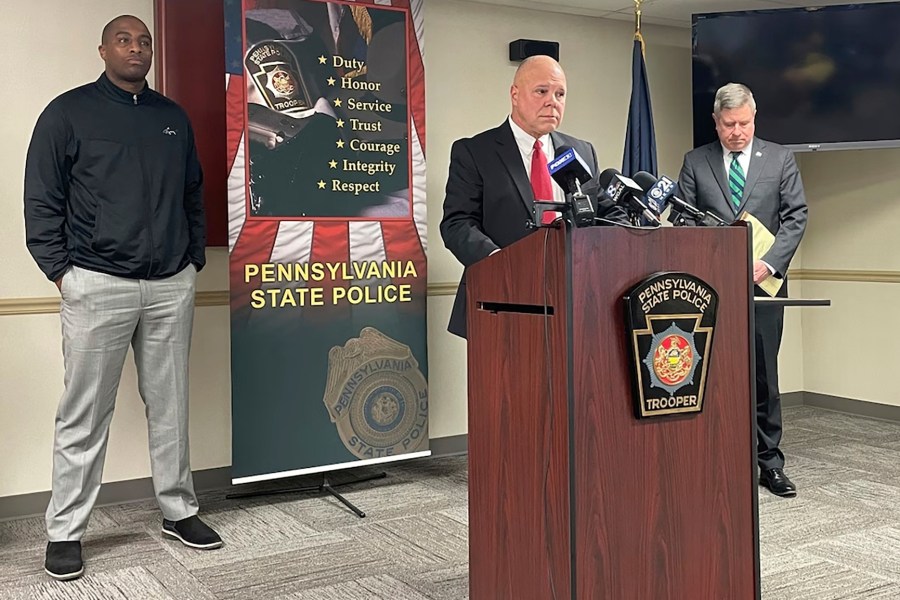 Pennsylvania State Police Lt. Col. George Bivens holds a press conference Friday, Nov. 8, 2024, to discusses three people who were shot and killed in two Pennsylvania counties. (Zahriah Balentine/The Patriot-News via AP)