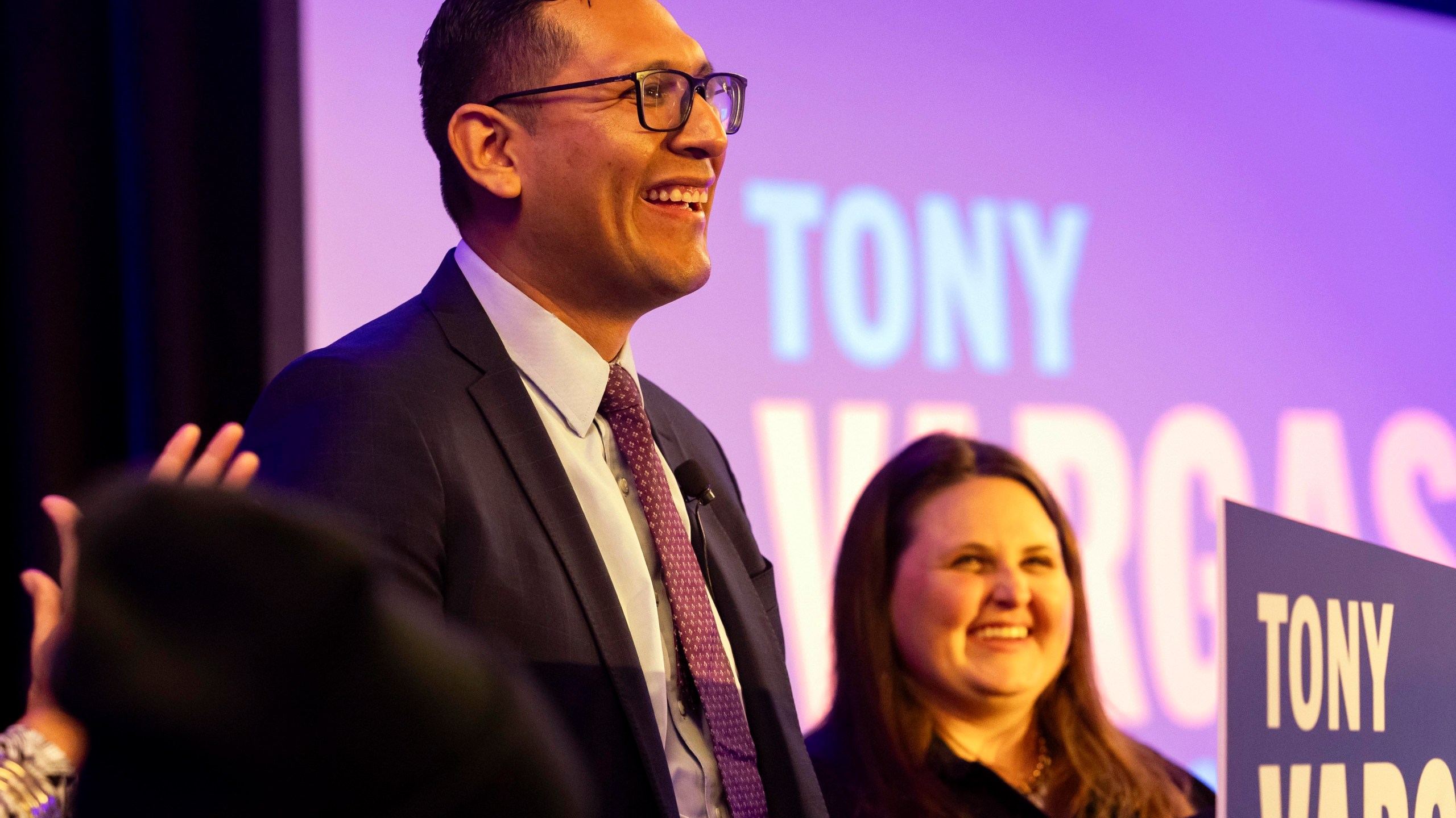 State Sen. Tony Vargas speaks to supporters in Omaha, Neb., on Tuesday, Nov. 5, 2024. (Megan Nielsen/Omaha World-Herald via AP)