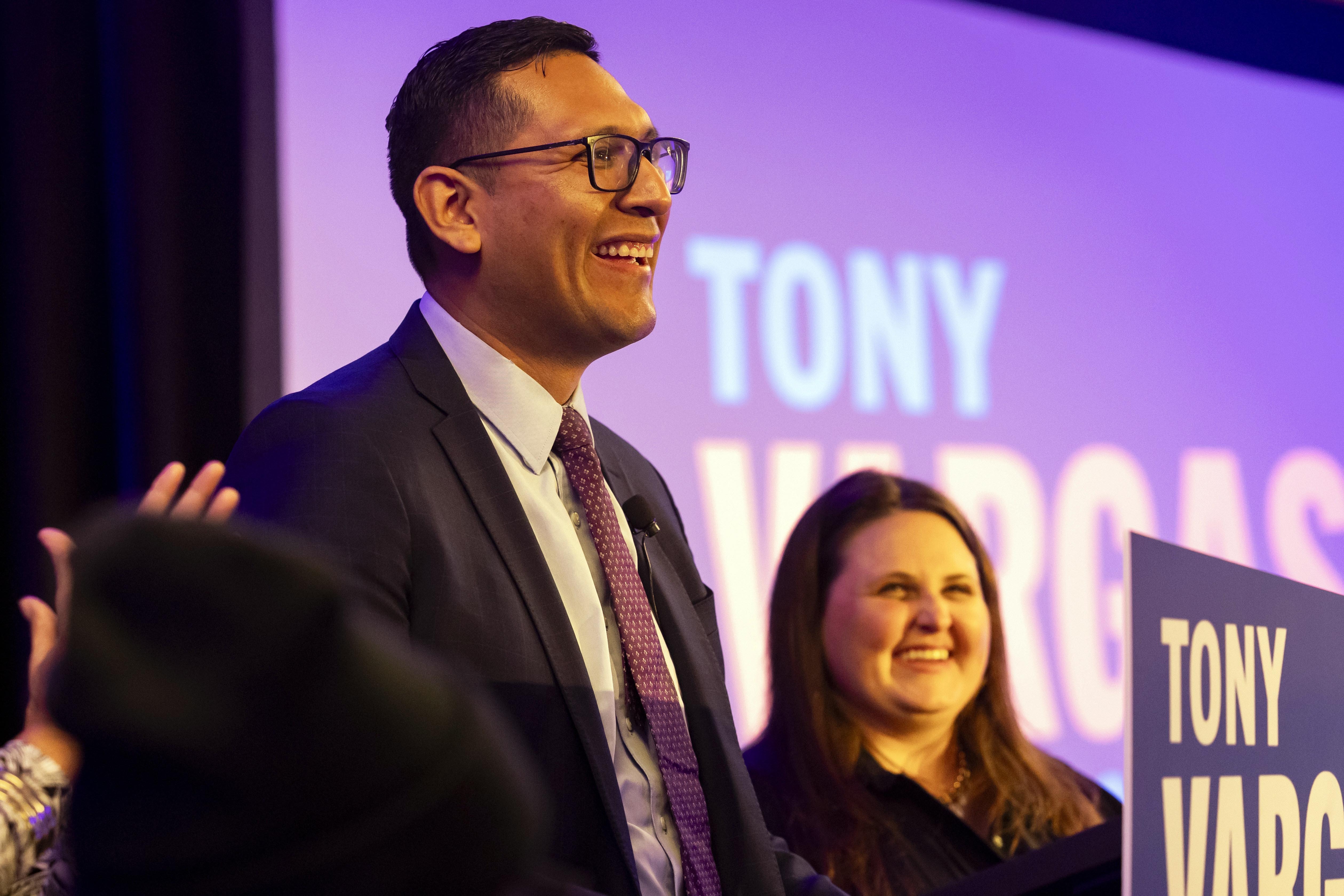 State Sen. Tony Vargas speaks to supporters in Omaha, Neb., on Tuesday, Nov. 5, 2024. (Megan Nielsen/Omaha World-Herald via AP)