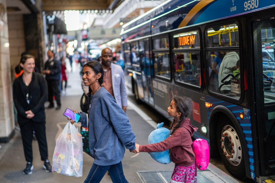 FILE - Asylum seekers arrive at the Roosevelt Hotel on Friday, May 19, 2023, in New York. (AP Photo/Eduardo Munoz Alvarez, File)