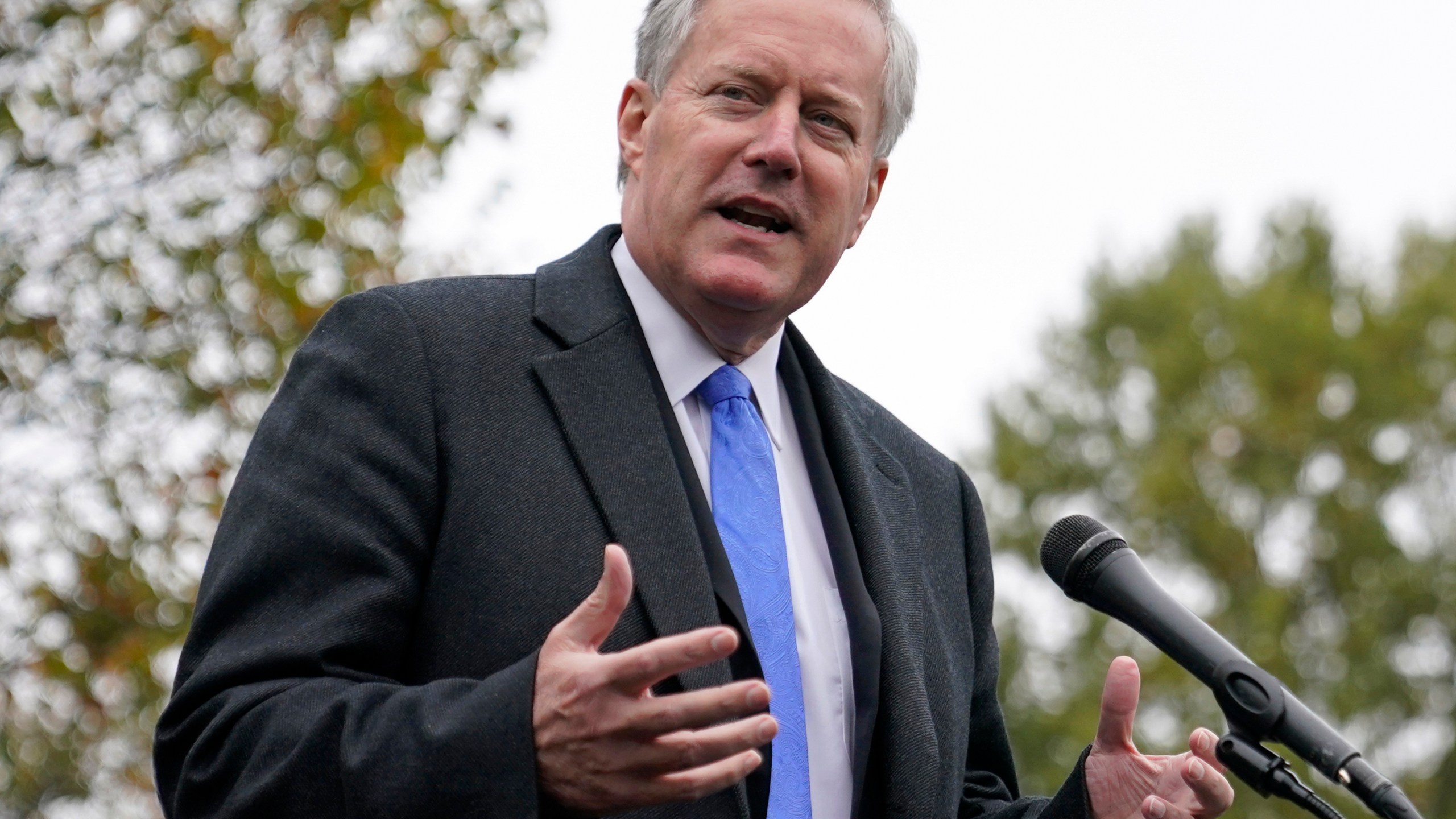 FILE - White House chief of staff Mark Meadows speaks with reporters outside the White House, Monday, Oct. 26, 2020, in Washington. (AP Photo/Patrick Semansky, File)