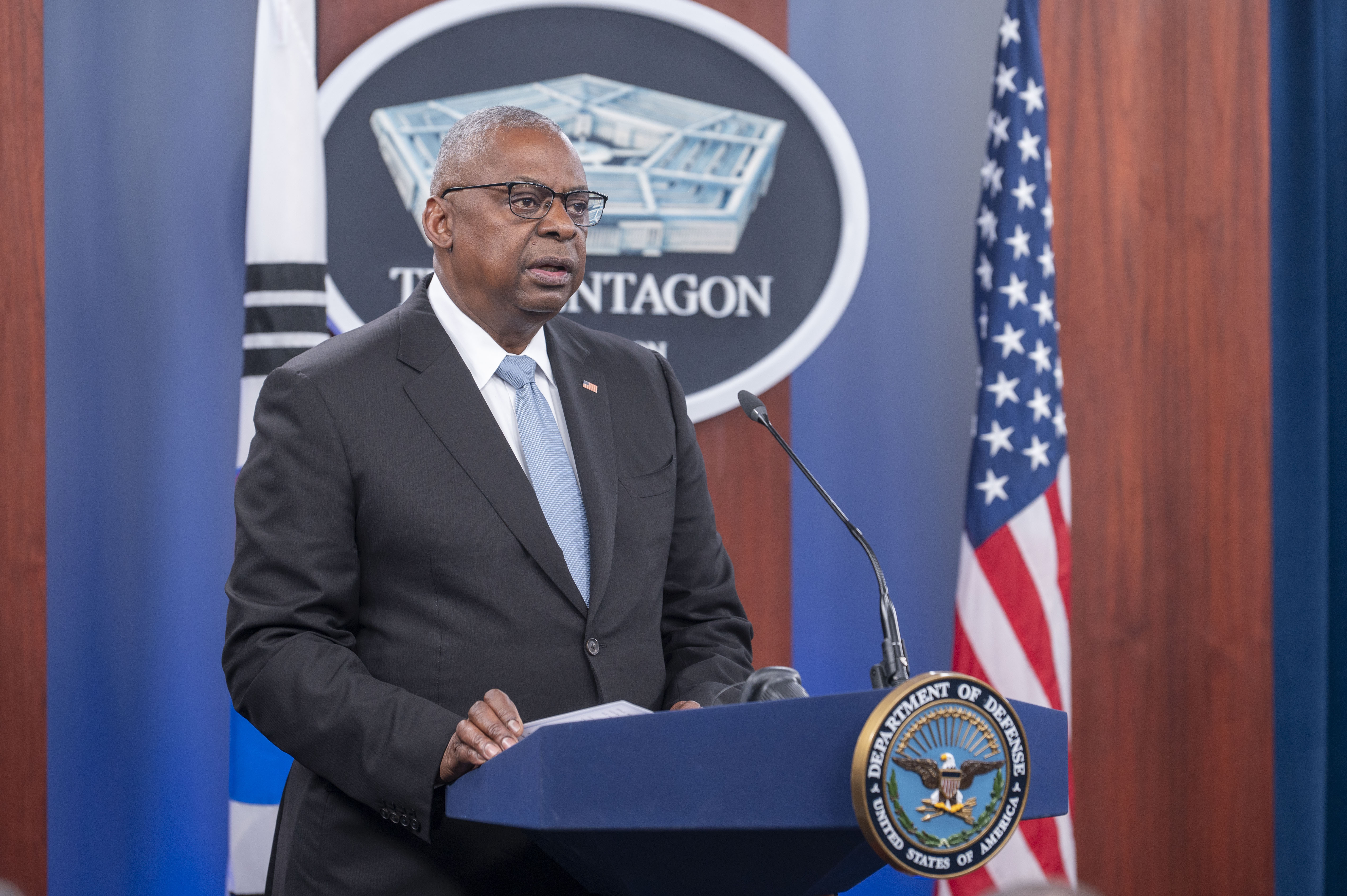 Defense Secretary Lloyd Austin speaks during a joint press briefing with South Korean Defense Minister Kim Yong Hyun at the Pentagon on Wednesday, Oct. 30, 2024 in Washington. (AP Photo/Kevin Wolf)