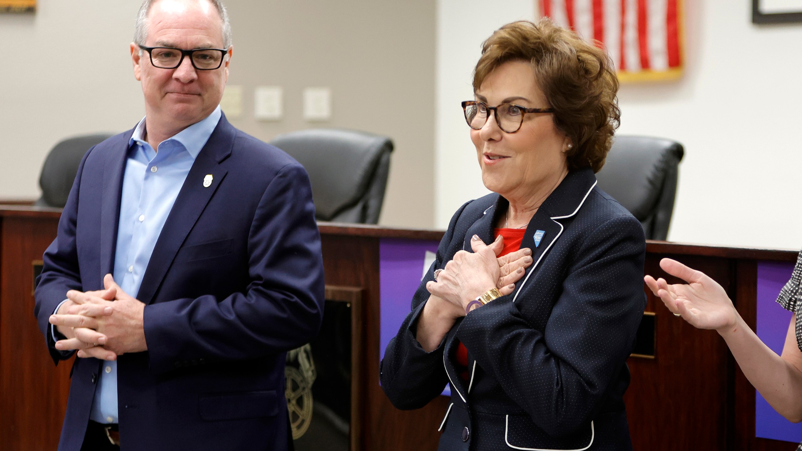 Sen. Jacky Rosen, right, D-Nev., arrives to give a victory speech at the Teamsters Local 631 meeting hall Saturday, Nov. 9, 2024, in Las Vegas. Tommy Blitsch, Secretary-Treasurer of the Teamsters Local 631, stands at left. (Steve Marcus/Las Vegas Sun via AP)