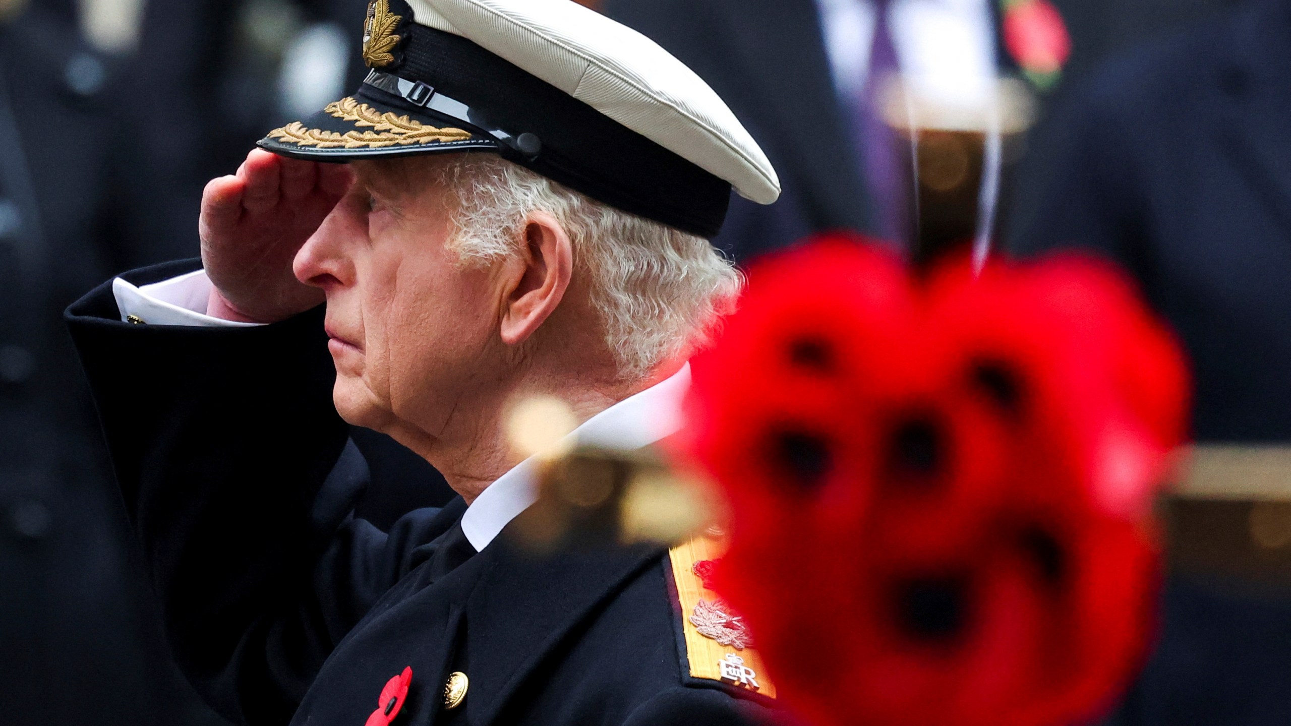 Britain's King Charles attends the Remembrance Sunday ceremony at The Cenotaph in London, England, Sunday, Nov. 10, 2024. (Toby Melville/Pool Photo via AP)