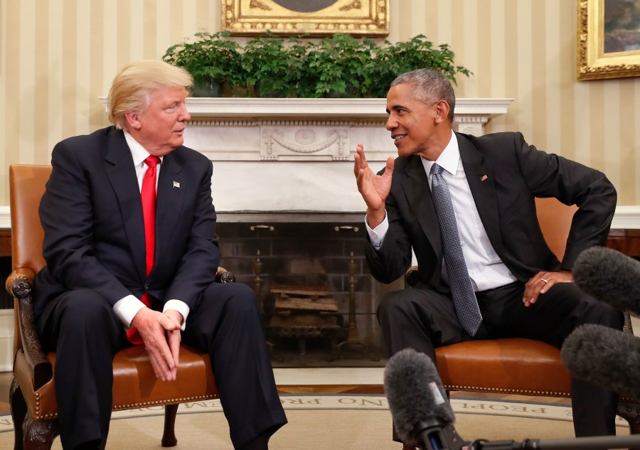 FILE - President Barack Obama, right, meets with President-elect Donald Trump in the Oval Office of the White House in Washington, Nov. 10, 2016. (AP Photo/Pablo Martinez Monsivais, File)