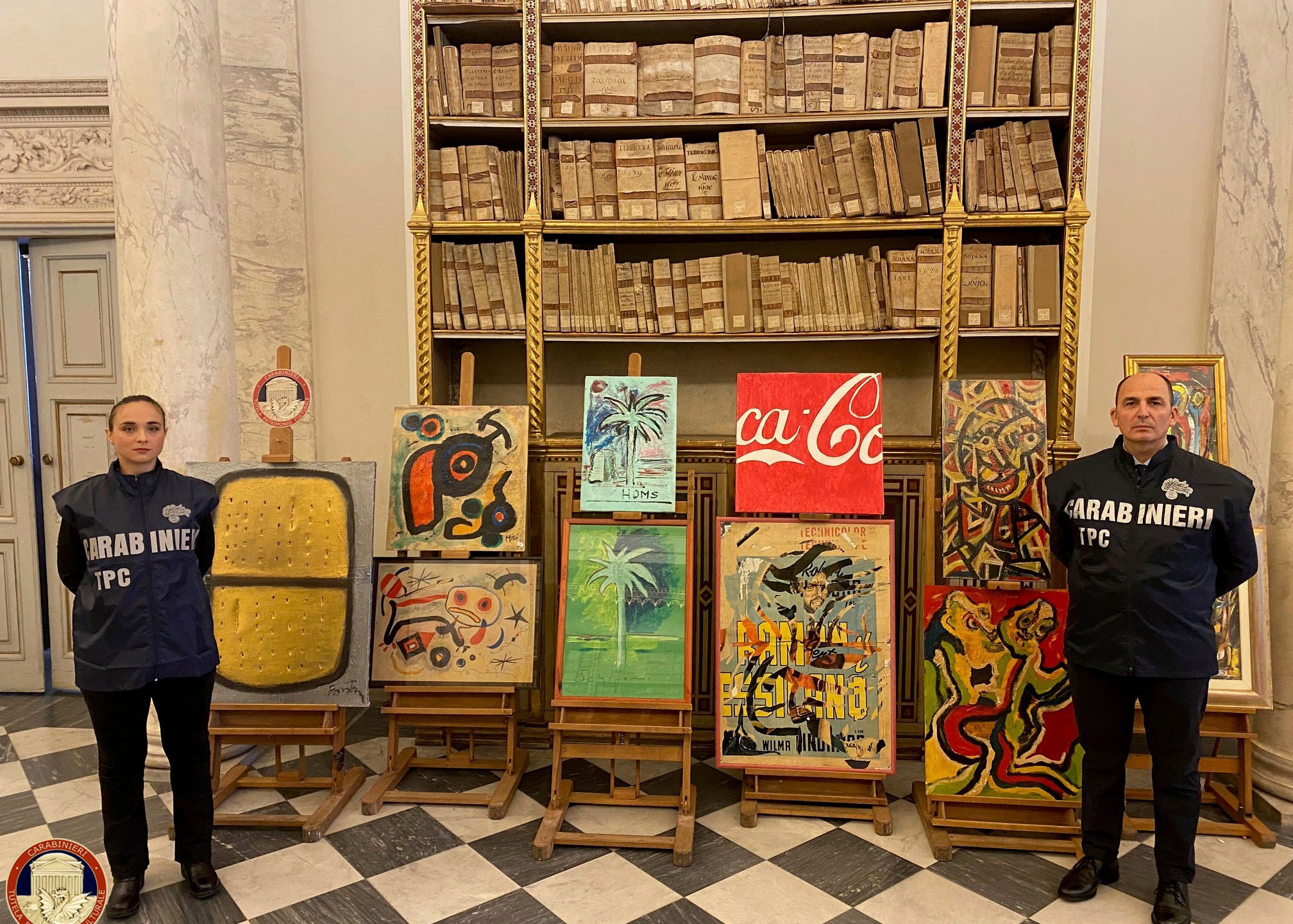 Fake modern and contemporary artworks that were sized by police are show in Rome in this handout image provided by the Italian Culture Ministry on Monday, Nov. 11, 2024. (AP Photo/Italian Culture Ministry, HOGP)