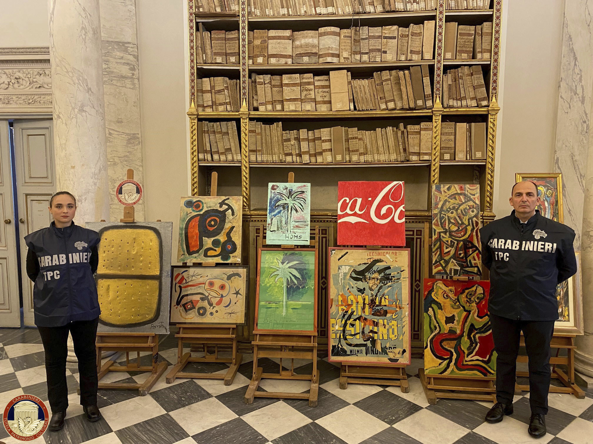 Fake modern and contemporary artworks that were sized by police are show in Rome in this handout image provided by the Italian Culture Ministry on Monday, Nov. 11, 2024. (AP Photo/Italian Culture Ministry, HOGP)