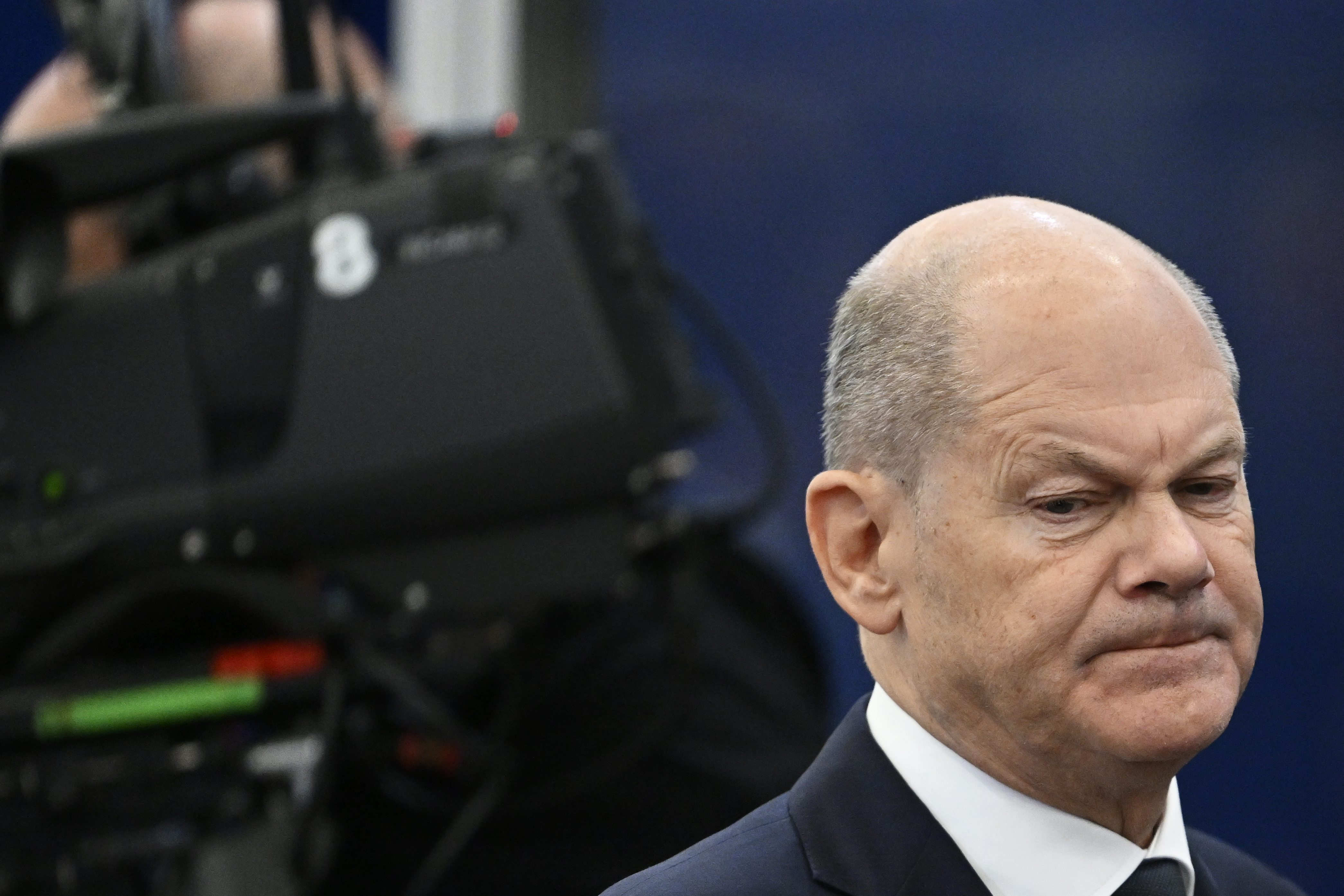 Germany's Chancellor Olaf Scholz arrives for a plenary session during an EU Summit at the Puskas Arena in Budapest, Friday, Nov. 8, 2024. (AP Photo/Denes Erdos)