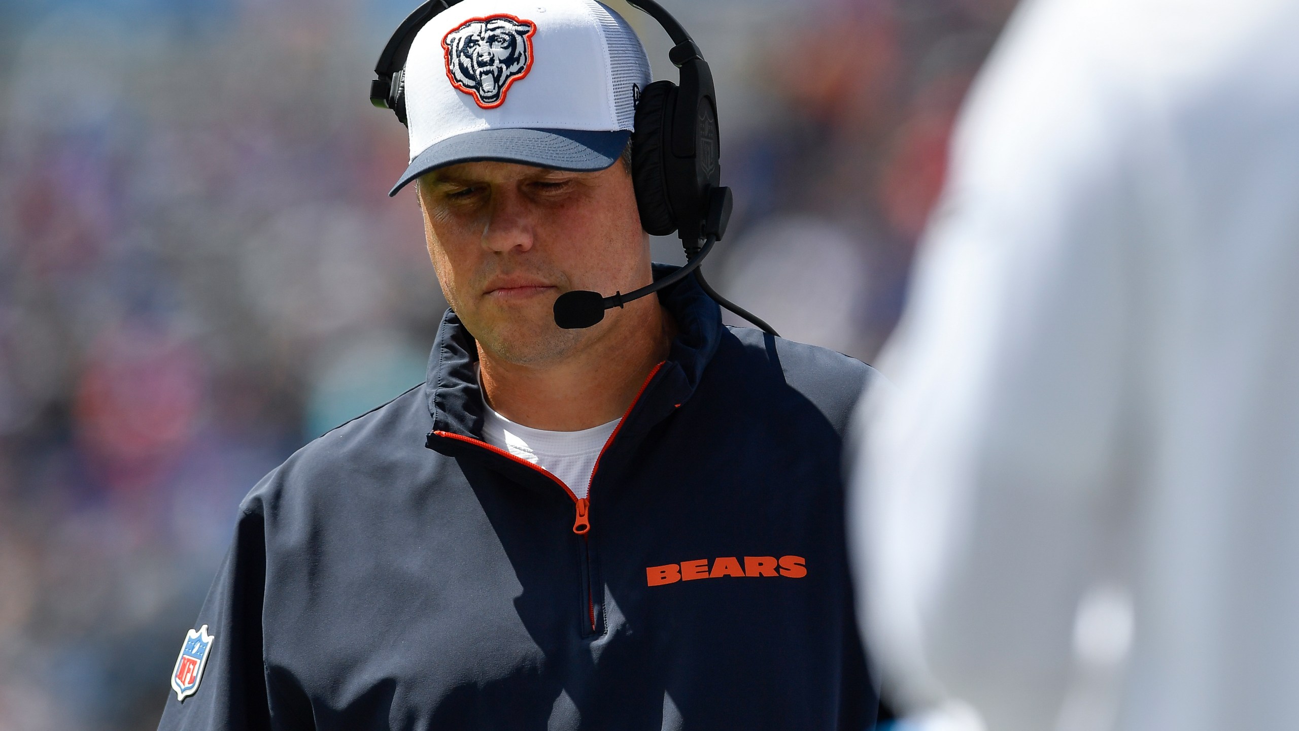 FILE - Chicago Bears offensive coordinator Shane Waldron walks the sideline during the second half of a preseason NFL football game against the Buffalo Bills in Orchard Park, N.Y., Aug. 10, 2024. (AP Photo/Adrian Kraus, file)