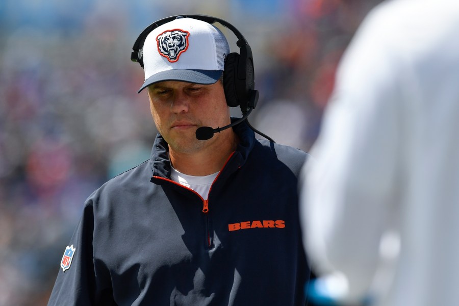 FILE - Chicago Bears offensive coordinator Shane Waldron walks the sideline during the second half of a preseason NFL football game against the Buffalo Bills in Orchard Park, N.Y., Aug. 10, 2024. (AP Photo/Adrian Kraus, file)