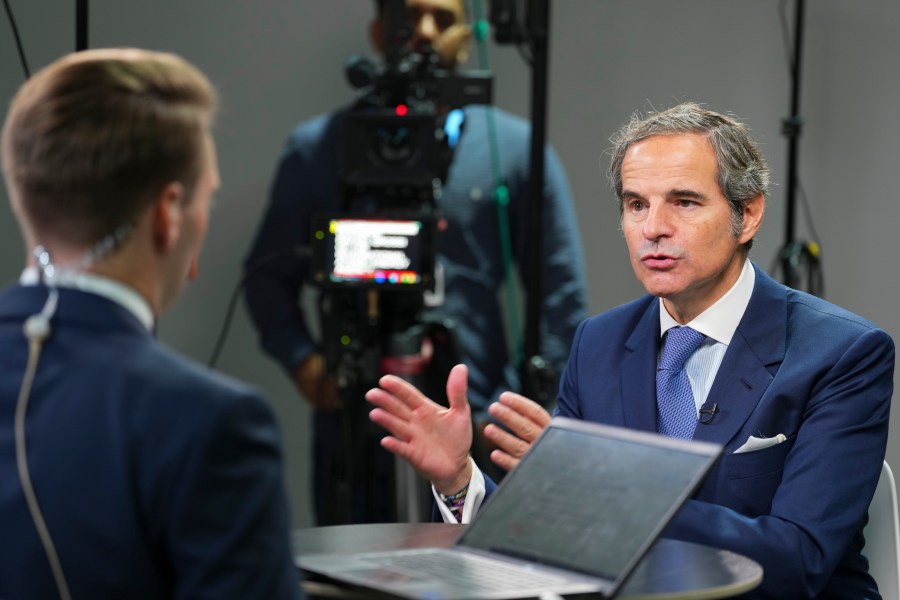 International Atomic Energy Agency Director General Rafael Mariano Grossi speaks to the media at the COP29 U.N. Climate Summit, Tuesday, Nov. 12, 2024, in Baku, Azerbaijan. (AP Photo/Peter Dejong)