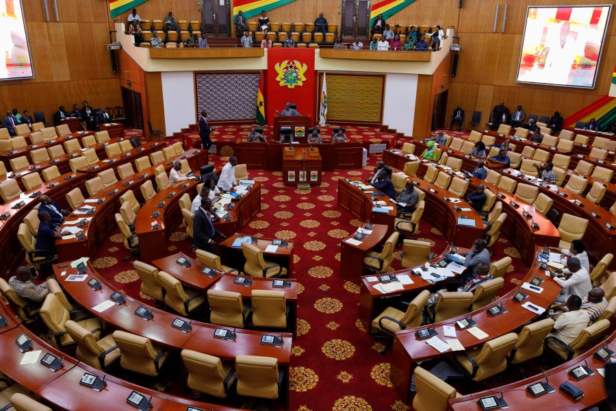 FILE - Speaker of Ghana Parliament Alban Sumana Bagbin speaks at the Parliament House in Accra, Feb. 28, 2024. (AP Photo/Misper Apawu, File)