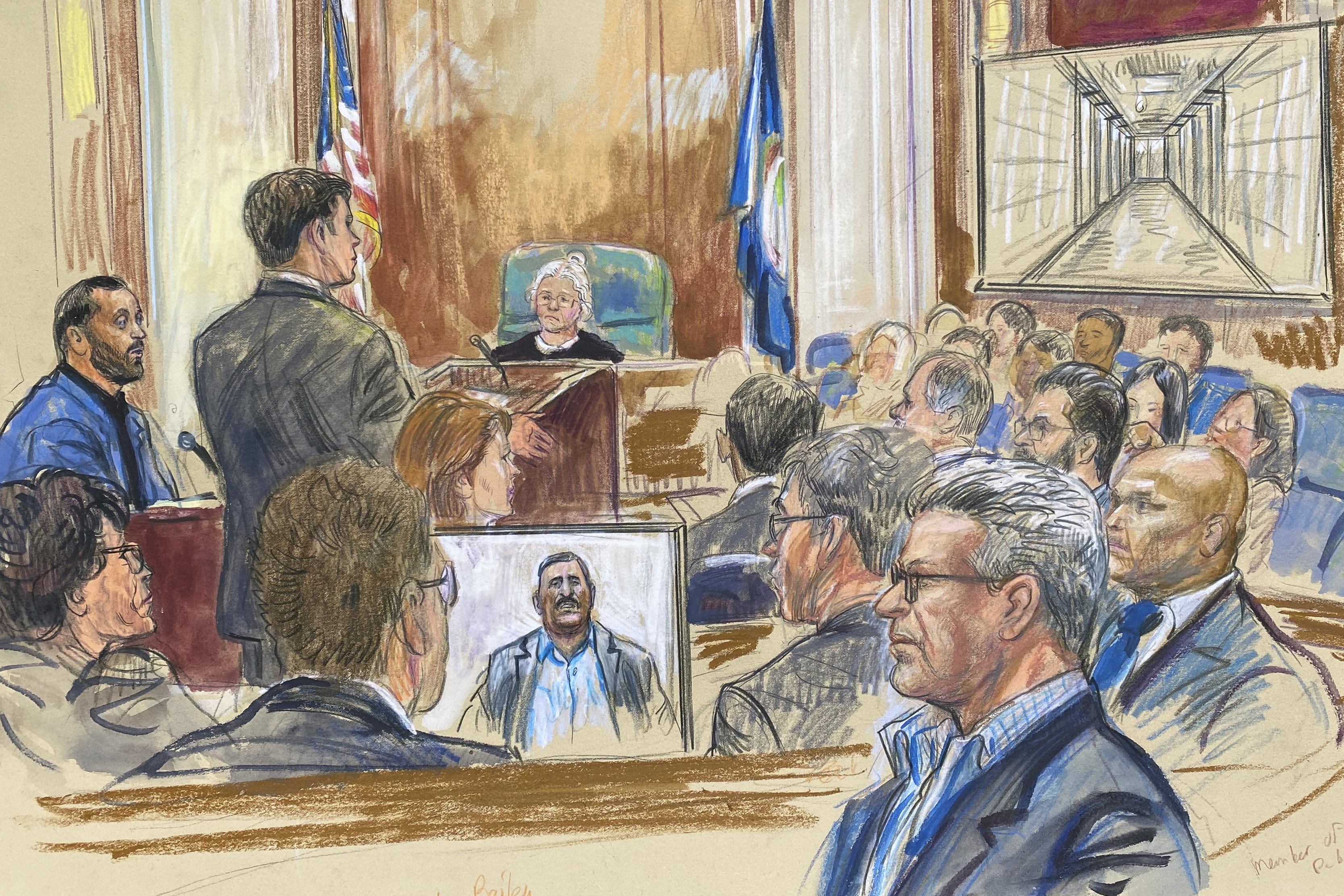 FILE - This courtroom sketch depicts a former detainee at Abu Ghraib prison, Salah Al-Ejaili, foreground with glasses, at the trial of CACI, a Virginia-based military contractor who is accused of contributing to the abuse and torture of detainees at Abu Ghraib, in U.S. District Court in Alexandria, Va., April 16, 2024. (Dana Verkouteren via AP, File)