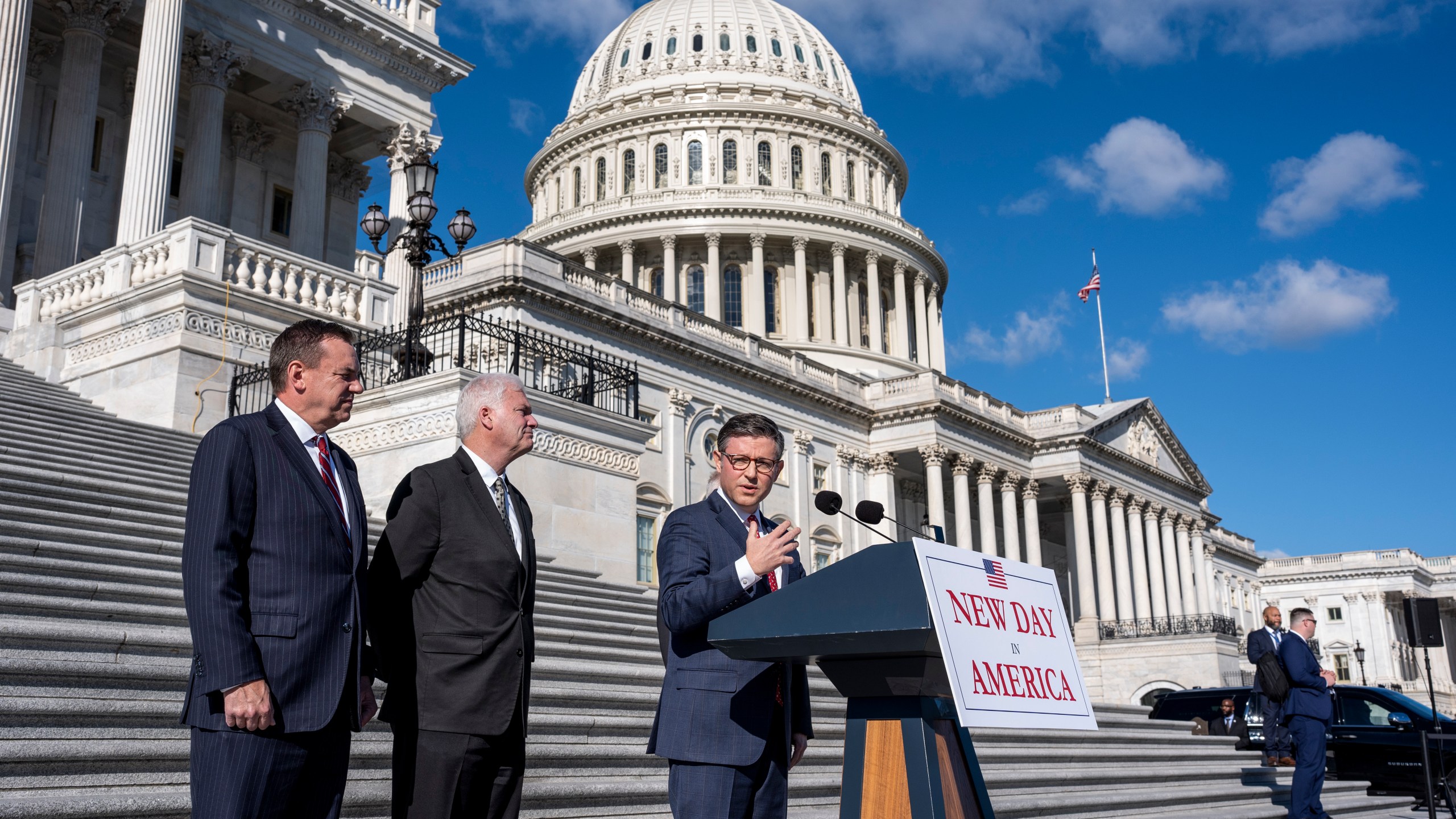 Speaker of the House Mike Johnson, R-La., joined from left by Rep. Richard Hudson, R-N.C., chairman of the National Republican Congressional Committee, and Majority Whip Tom Emmer, R-Minn., touts Republican wins as he meets with reporters on the steps of the Capitol in Washington, Tuesday, Nov. 12, 2024. Congress returns to work this week to begin what is known as a lame-duck session, that period between Election Day and the end of the two-year congressional term. (AP Photo/J. Scott Applewhite)