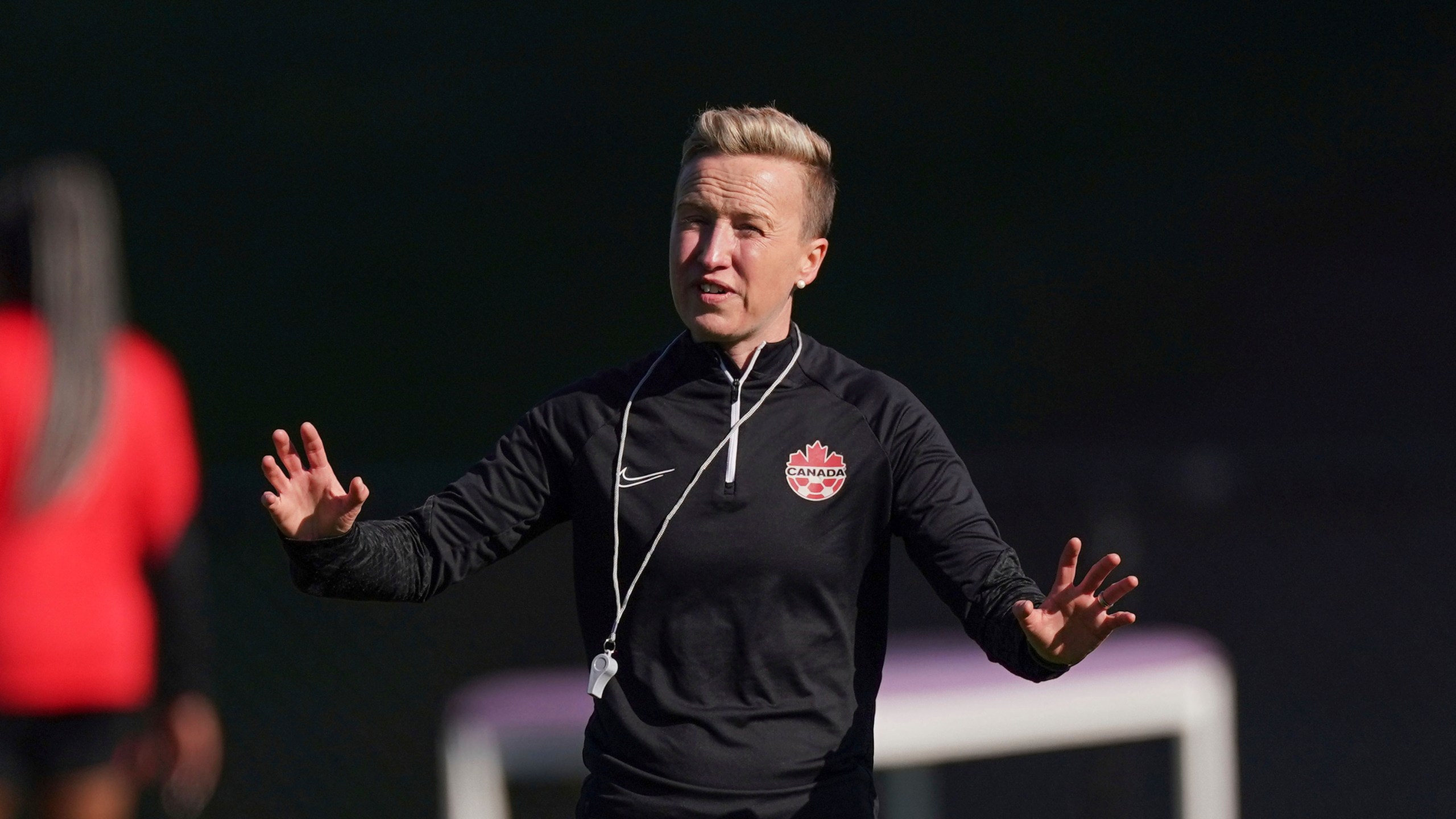 FILE - Canada coach Beverly Priestman gestures during a soccer training session ahead of the FIFA Women's World Cup in Melbourne, Australia, Monday, July 17, 2023. (Scott Barbour/The Canadian Press via AP, File)