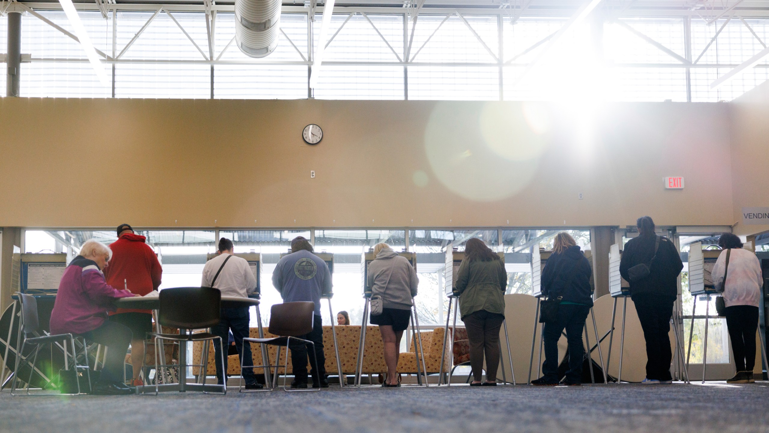 Voters fill out their ballots at the Metropolitan Community College Elkhorn Valley Campus, Tuesday, Nov. 5, 2024, in Omaha, Neb. (Nikos Frazier/Omaha World-Herald via AP)