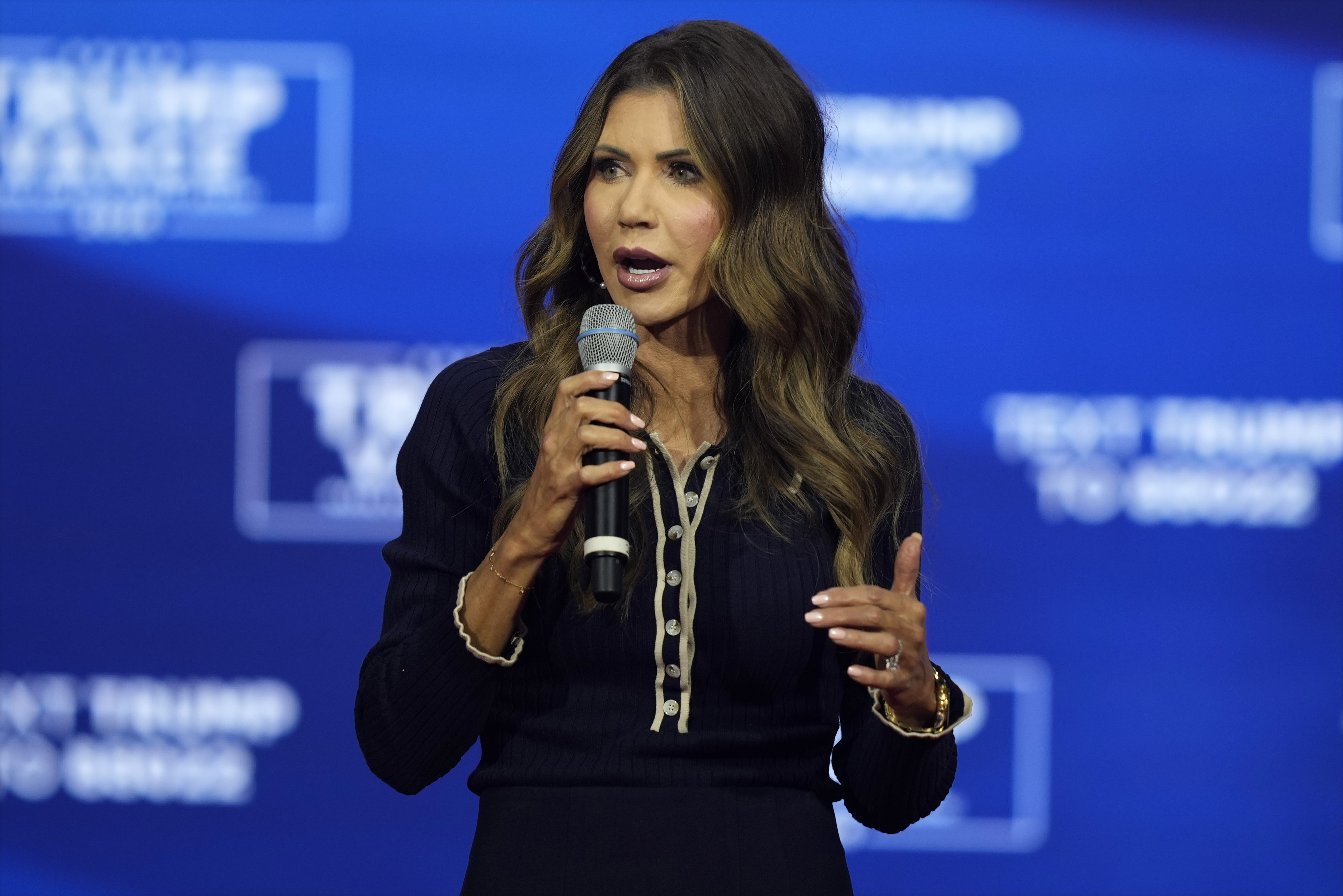 FILE - South Dakota Gov. Kristi Noem speaks before Republican presidential nominee former President Donald Trump at a campaign town hall, Oct. 14, 2024, in Oaks, Pa. (AP Photo/Matt Rourke, File)