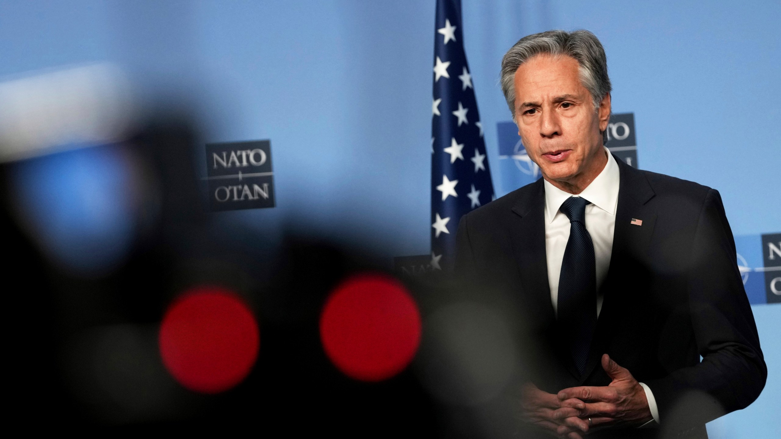 United States Secretary of State Antony Blinken delivers a statement prior to a meeting at NATO headquarters in Brussels on Wednesday, Nov. 13, 2024. (AP Photo/Virginia Mayo)