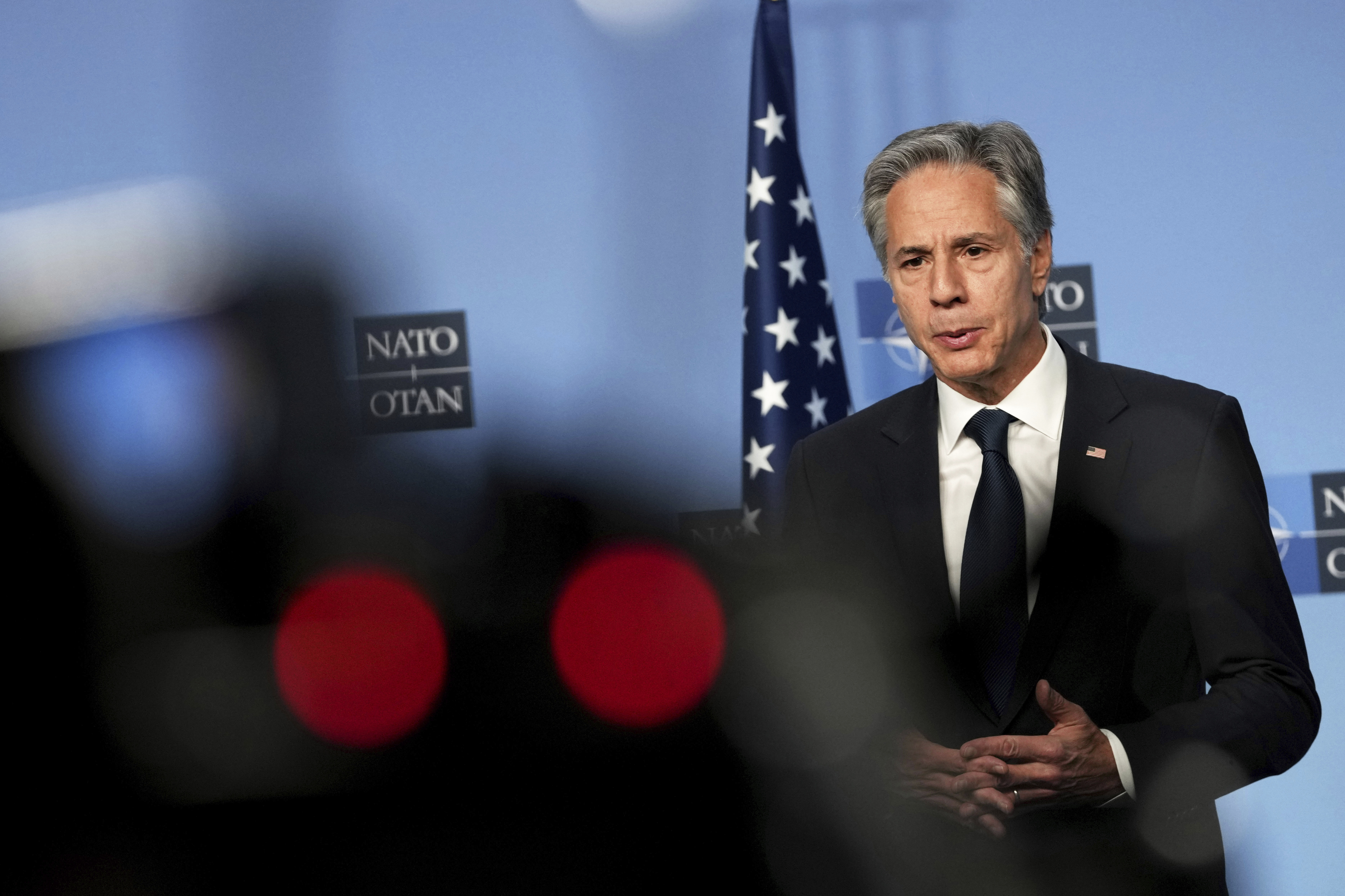 United States Secretary of State Antony Blinken delivers a statement prior to a meeting at NATO headquarters in Brussels on Wednesday, Nov. 13, 2024. (AP Photo/Virginia Mayo)