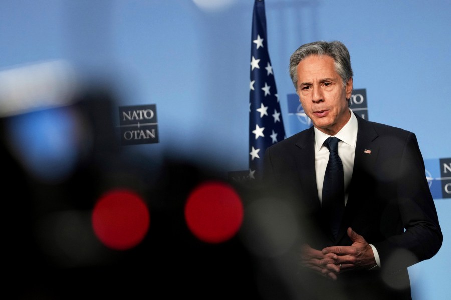 United States Secretary of State Antony Blinken delivers a statement prior to a meeting at NATO headquarters in Brussels on Wednesday, Nov. 13, 2024. (AP Photo/Virginia Mayo)