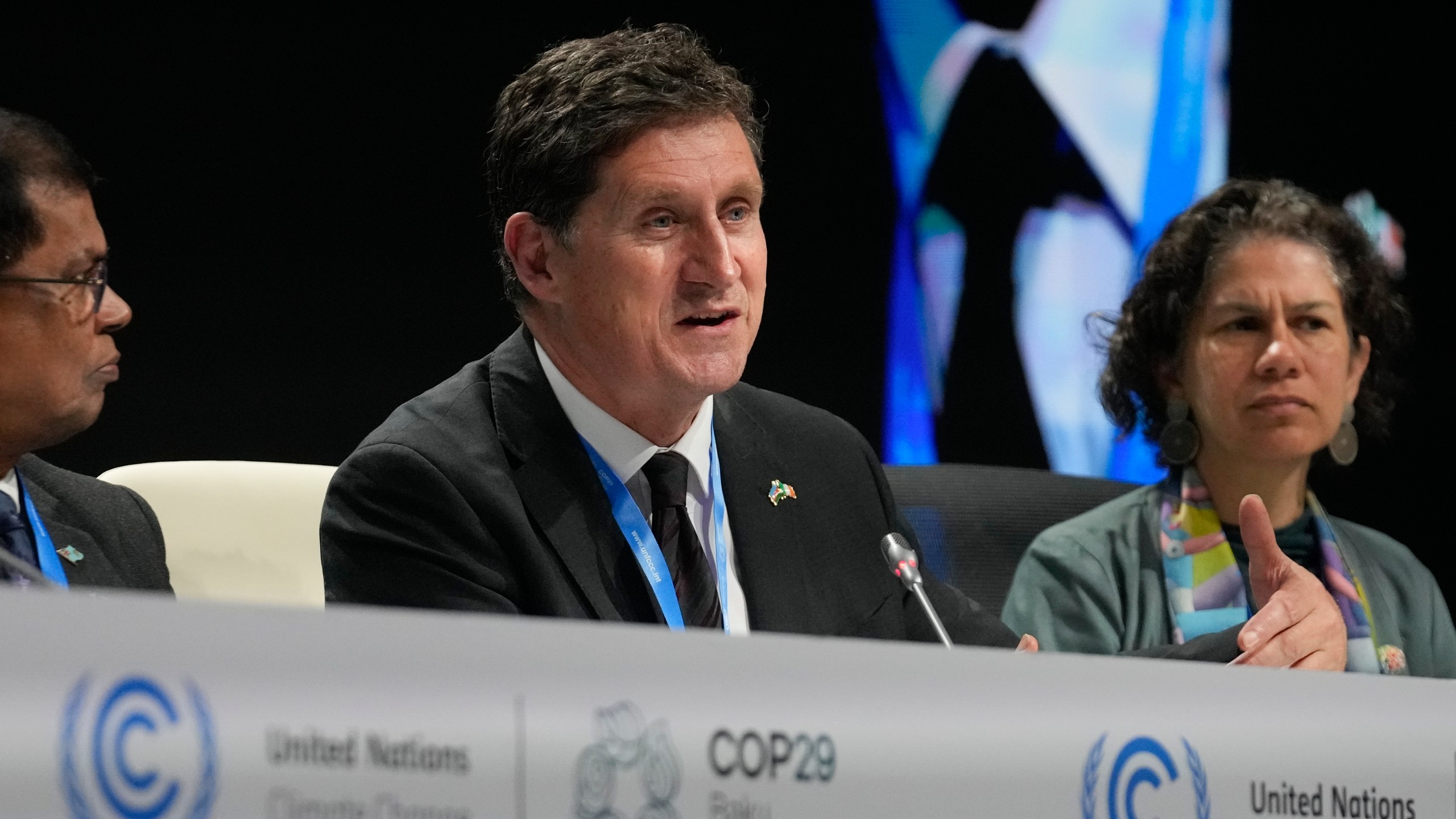 Eamon Ryan, Ireland climate minister, speaks at a session with the Marshall Islands High Ambition Coalition at the COP29 U.N. Climate Summit, Wednesday, Nov. 13, 2024, in Baku, Azerbaijan. (AP Photo/Rafiq Maqbool)