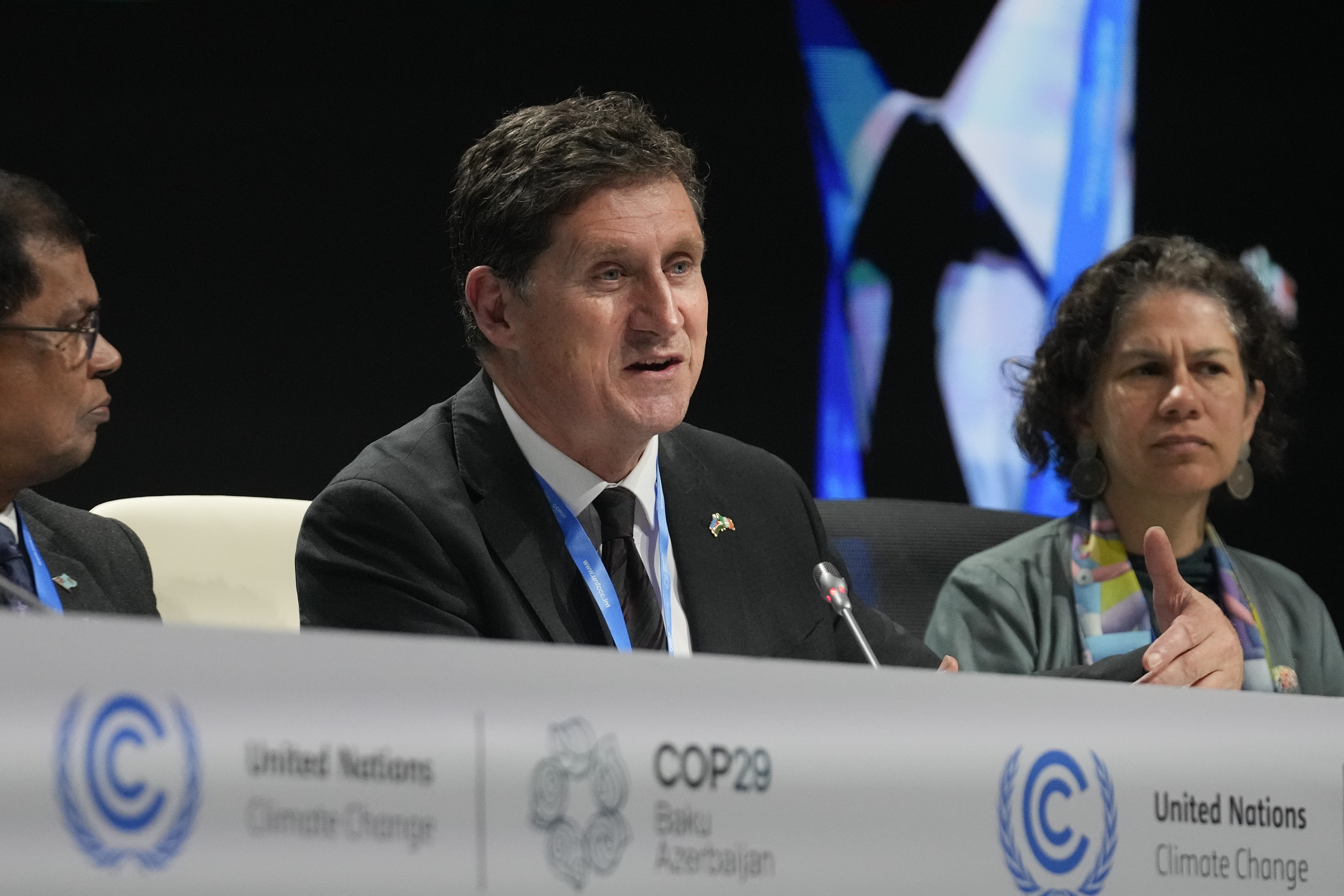 Eamon Ryan, Ireland climate minister, speaks at a session with the Marshall Islands High Ambition Coalition at the COP29 U.N. Climate Summit, Wednesday, Nov. 13, 2024, in Baku, Azerbaijan. (AP Photo/Rafiq Maqbool)