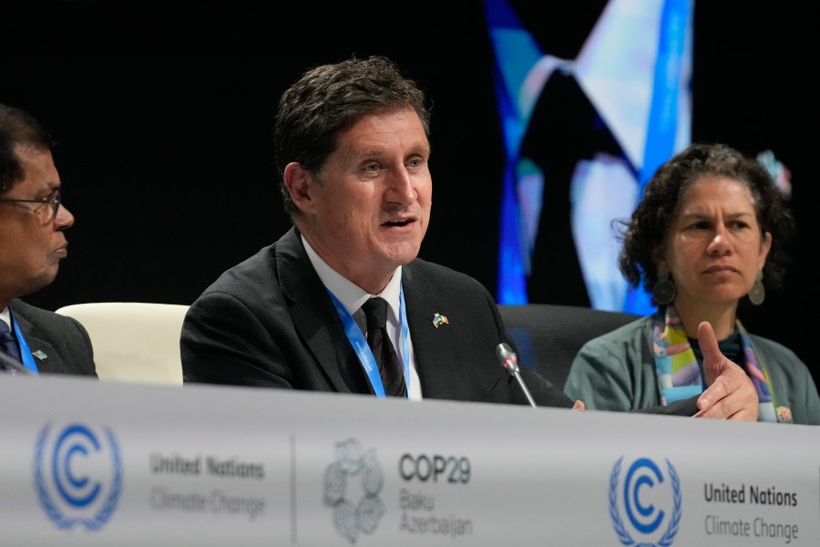 Eamon Ryan, Ireland climate minister, speaks at a session with the Marshall Islands High Ambition Coalition at the COP29 U.N. Climate Summit, Wednesday, Nov. 13, 2024, in Baku, Azerbaijan. (AP Photo/Rafiq Maqbool)