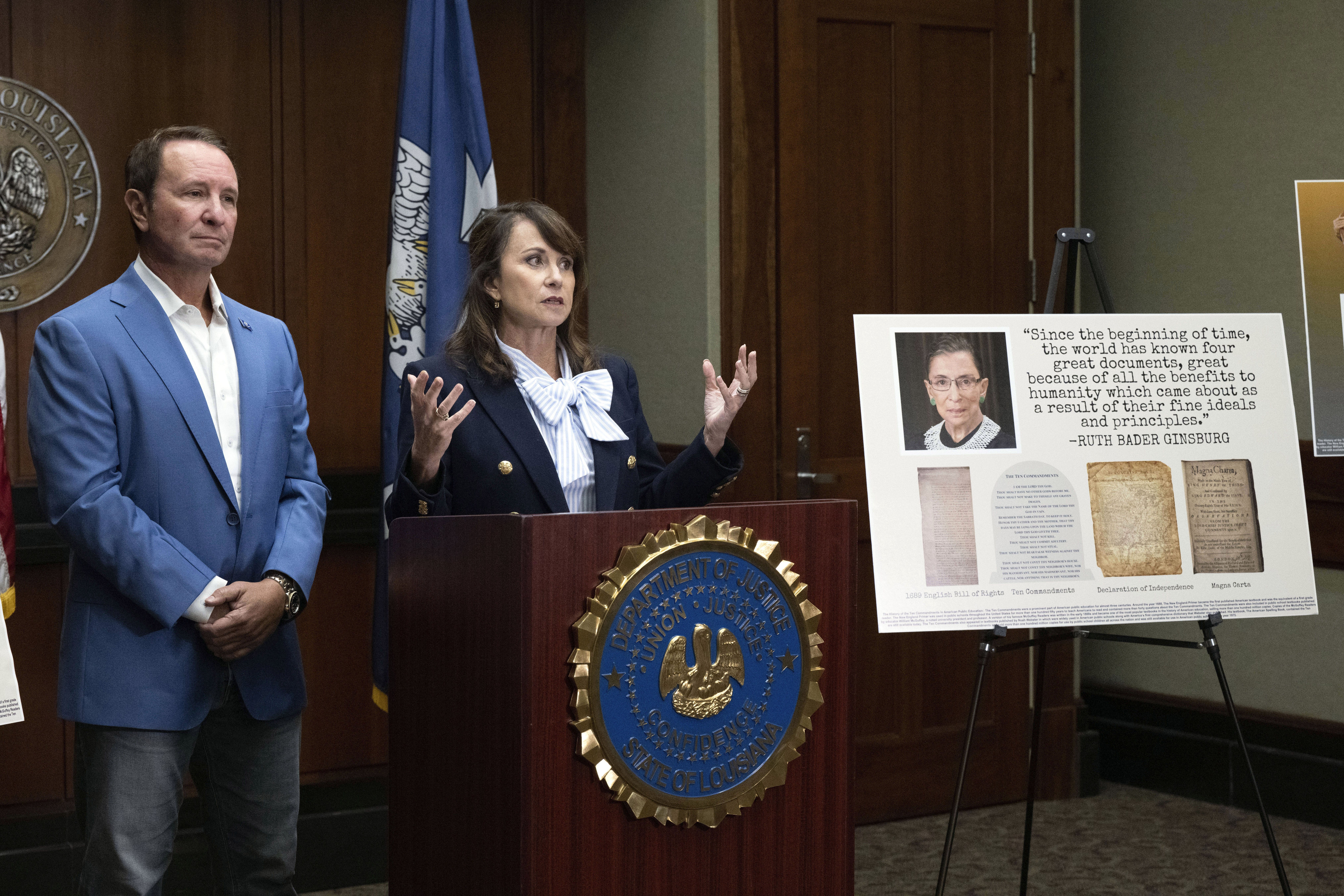 FILE - Louisiana Attorney General Liz Murrill speaks alongside Louisiana Gov. Jeff Landry during a press conference regarding the Ten Commandments in schools Monday, Aug. 5, 2024, in Baton Rouge, La. (Hilary Scheinuk/The Advocate via AP, File)