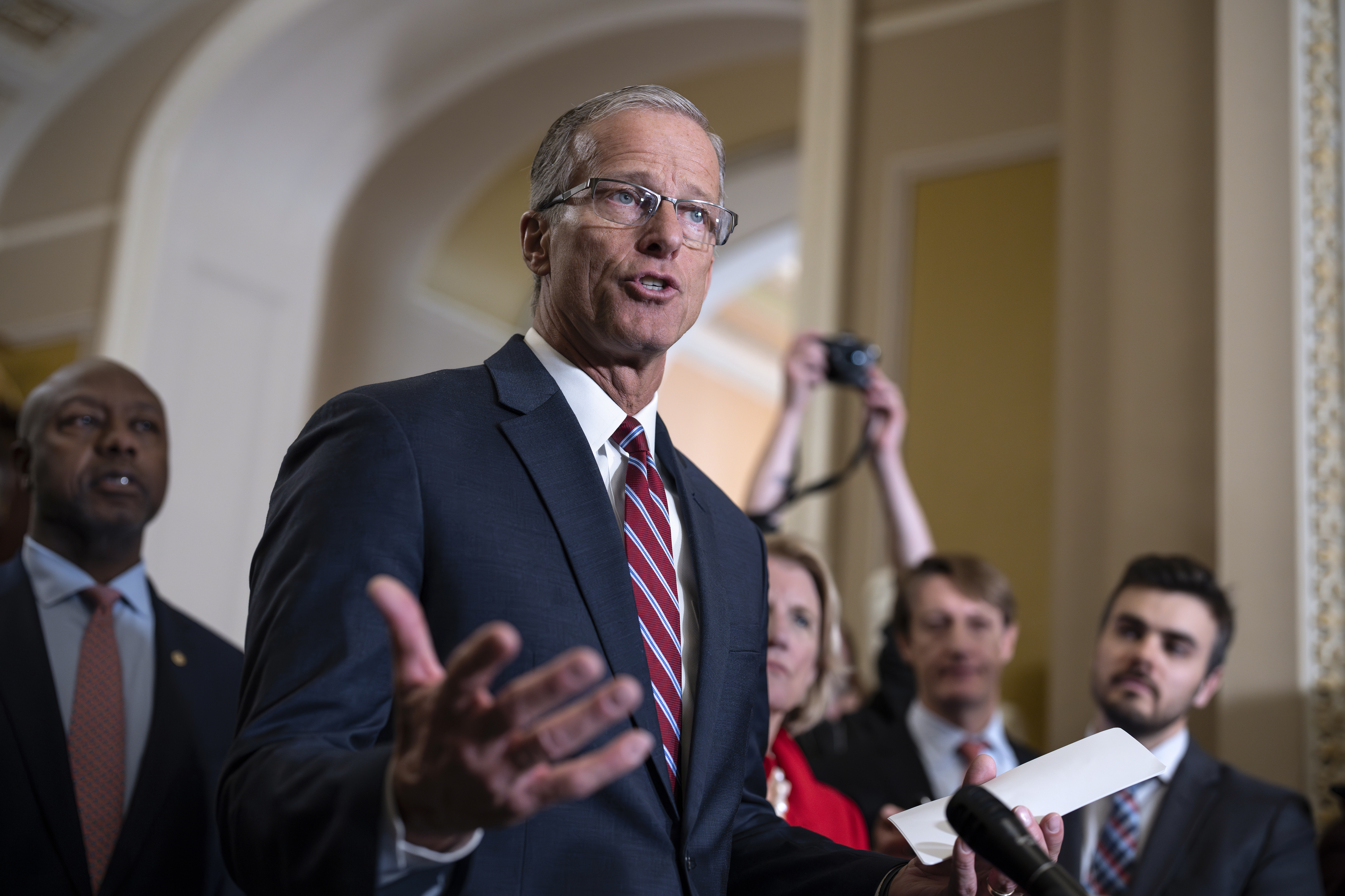 Senate Minority Whip John Thune, R-S.D., meets with reporters after he was elected to succeed longtime GOP leader Mitch McConnell of Kentucky, at the Capitol in Washington, Wednesday, Nov. 13, 2024. (AP Photo/J. Scott Applewhite)