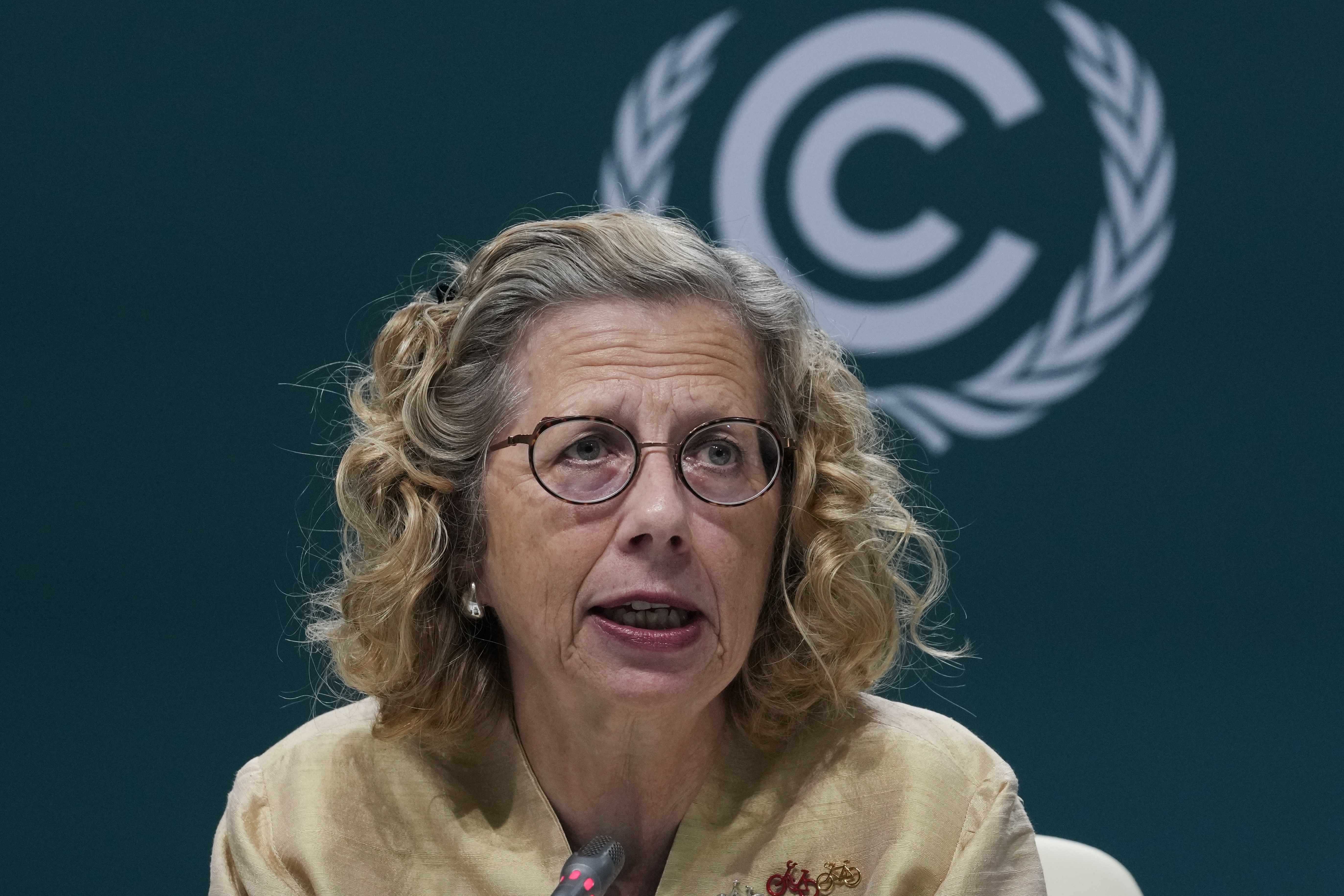 Inger Andersen, Executive Director UNEP, speaks during a session at the COP29 U.N. Climate Summit, Friday, Nov. 15, 2024, in Baku, Azerbaijan. (AP Photo/Rafiq Maqbool)