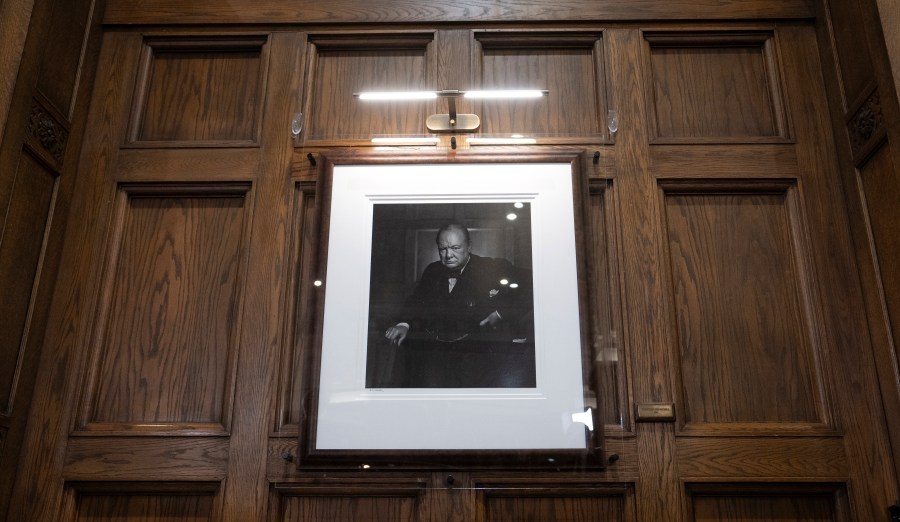 Yousuf Karsh's 1941 portrait of Winston Churchill, which he gifted to the Fairmont Chateau Laurier, is seen after being unveiled at the hotel following its theft and return, Friday, Nov. 15, 2024 in Ottawa, Ontario. (Adrian Wyld/The Canadian Press via AP)