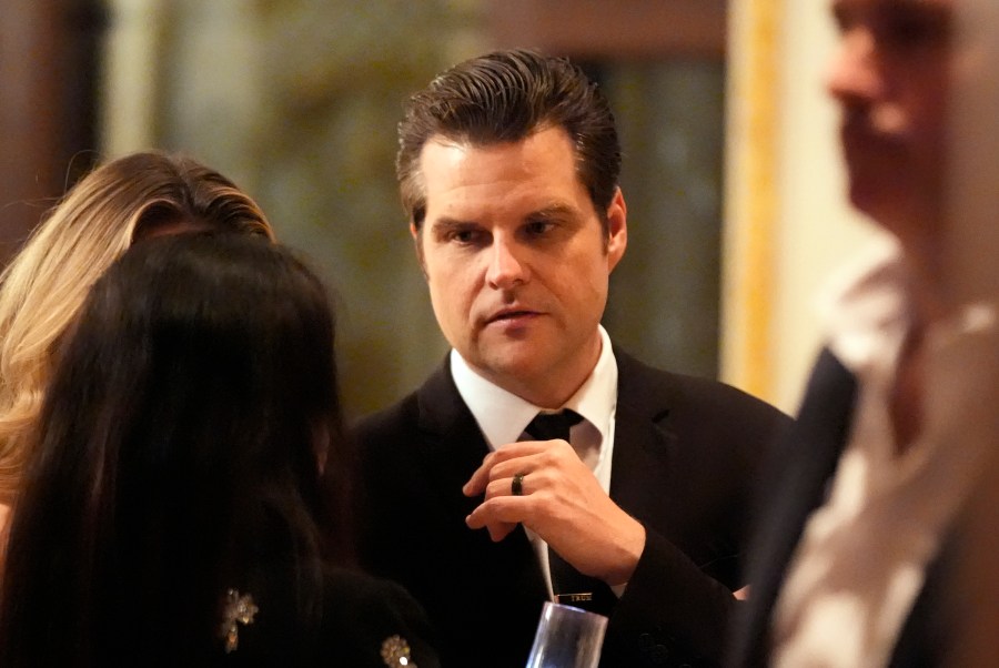 Matt Gaetz talks before President-elect Donald Trump speaks during an America First Policy Institute gala at his Mar-a-Lago estate, Thursday, Nov. 14, 2024, in Palm Beach, Fla. (AP Photo/Alex Brandon)