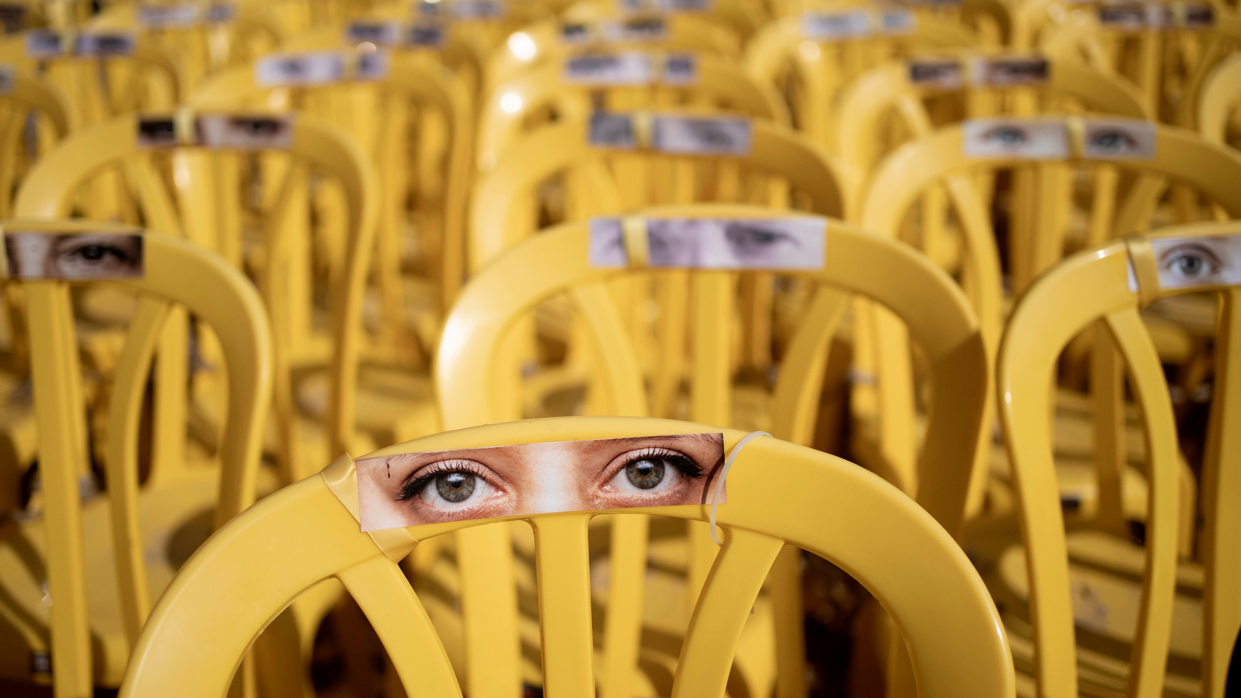 A display of empty chairs in a square in Tel Aviv, Israel, that is a gathering point for families of hostages held by the Hamas militant group in the Gaza Strip, Thursday, Nov. 14, 2024. (AP Photo/Maya Alleruzzo)