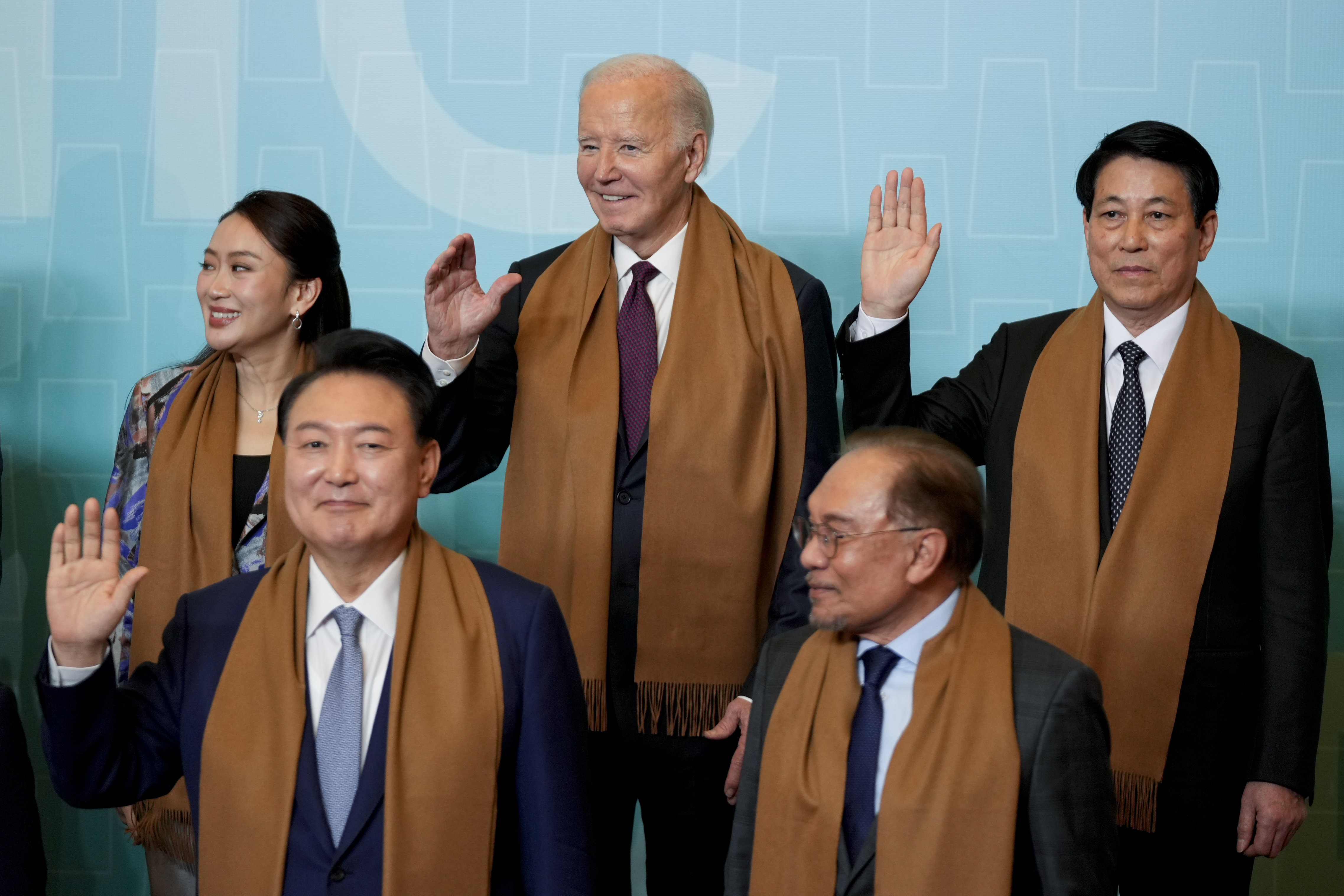 From left to right, top, Thailand's Prime Minister Paetongtarn Shinawatra, U.S. President Joe Biden and Vietnam's President Luong Cuong, and bottom, from left, South Korea's President Yoon Suk Yeol and Malaysia's Prime Minister Anwar Ibrahim pose during the taking of the leaders' group photo, at the Asia-Pacific Economic Cooperation (APEC) summit, in Lima, Peru, Saturday, Nov. 16, 2024. (AP Photo/Fernando Vergara)