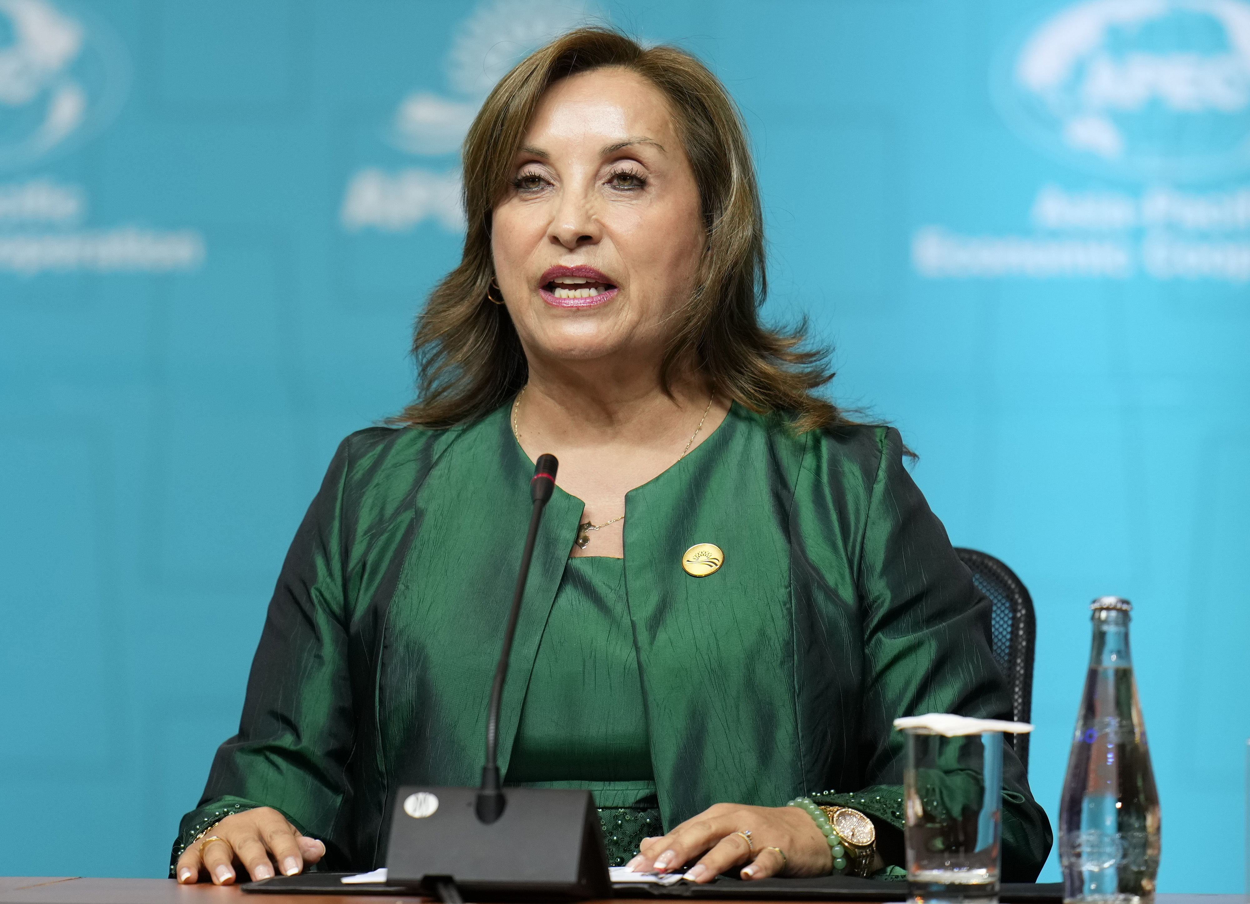 Peru's President Dina Boluarte speaks during the annual Asia Pacific Economic Cooperation, APEC, summit in Lima, Peru, Saturday, Nov. 16, 2024. (AP Photo/Fernando Vergara)