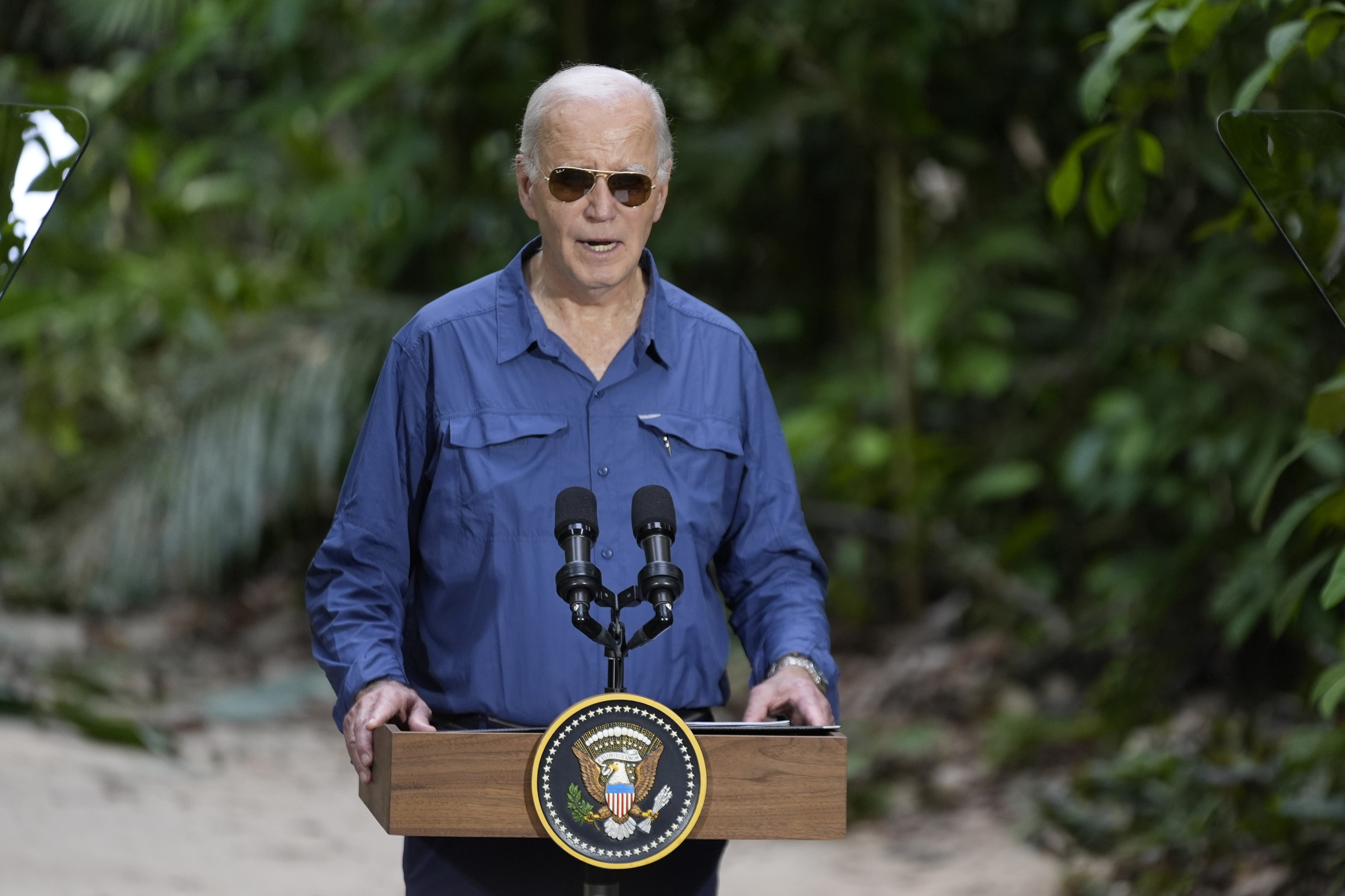 President Joe Biden speaks following a tour of the Museu da Amazonia, Sunday, Nov. 17, 2024, in Manaus, Brazil. (AP Photo/Manuel Balce Ceneta)