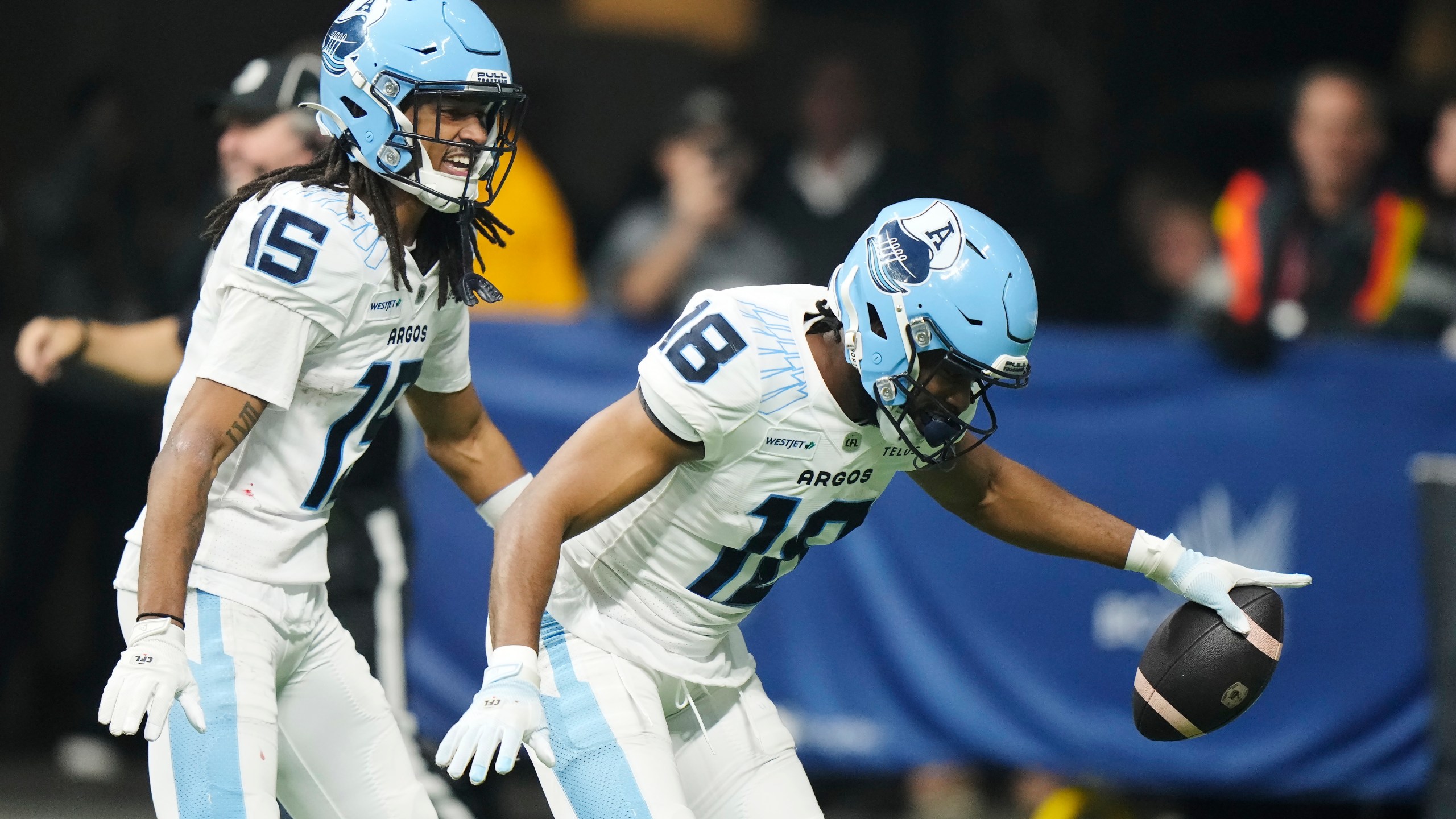 Toronto Argonauts' Dejon Brissett (18) celebrates his interception against the Winnipeg Blue Bombers during the second half of a CFL football game at the 111th Grey Cup in Vancouver, British Columbia, Sunday, Nov. 17, 2024. (Frank Gunn/The Canadian Press via AP)