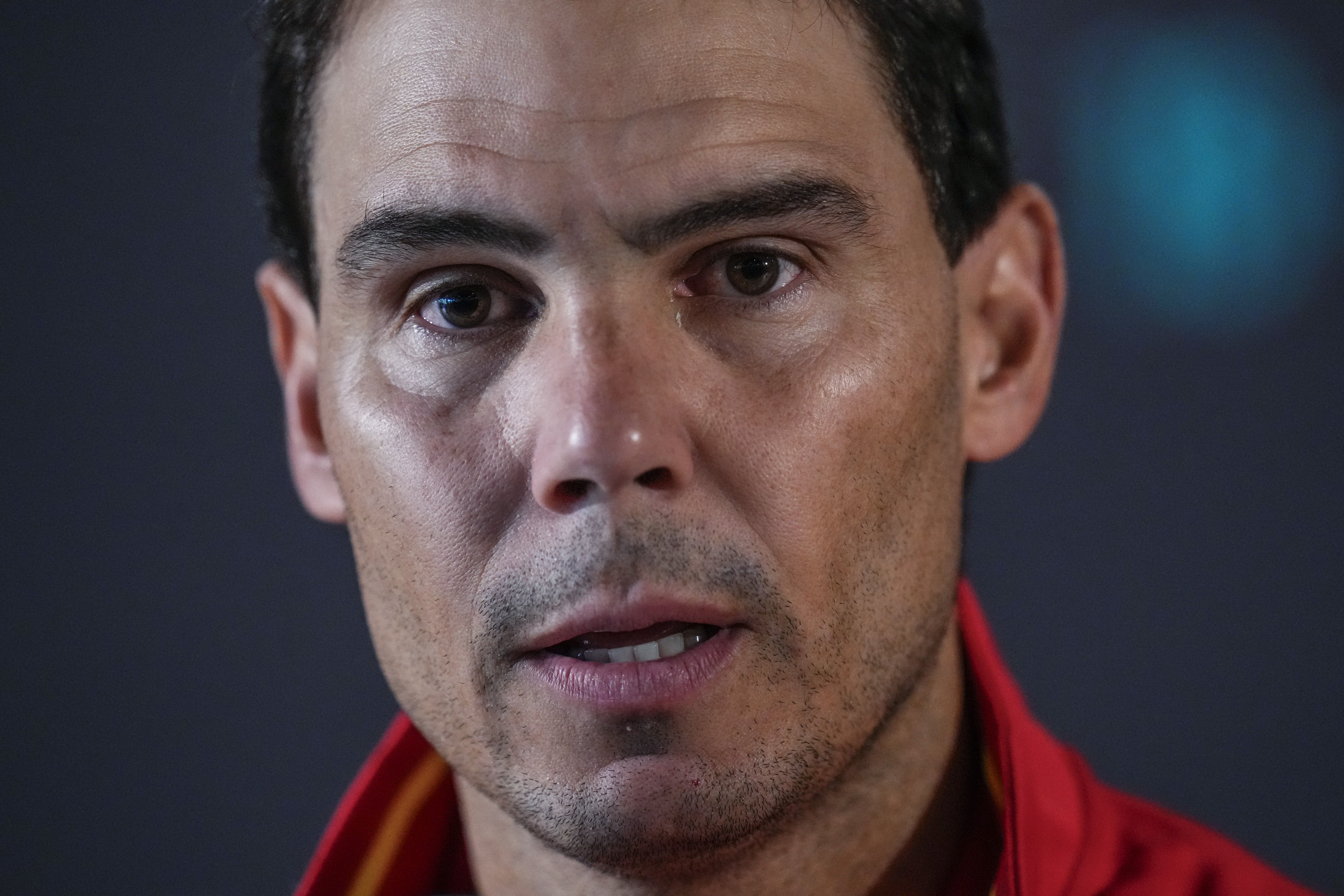 Spain's tennis player Rafael Nadal attends a press conference in Fuengirola, southern Spain, on Monday, Nov. 18, 2024. (AP Photo/Manu Fernandez)