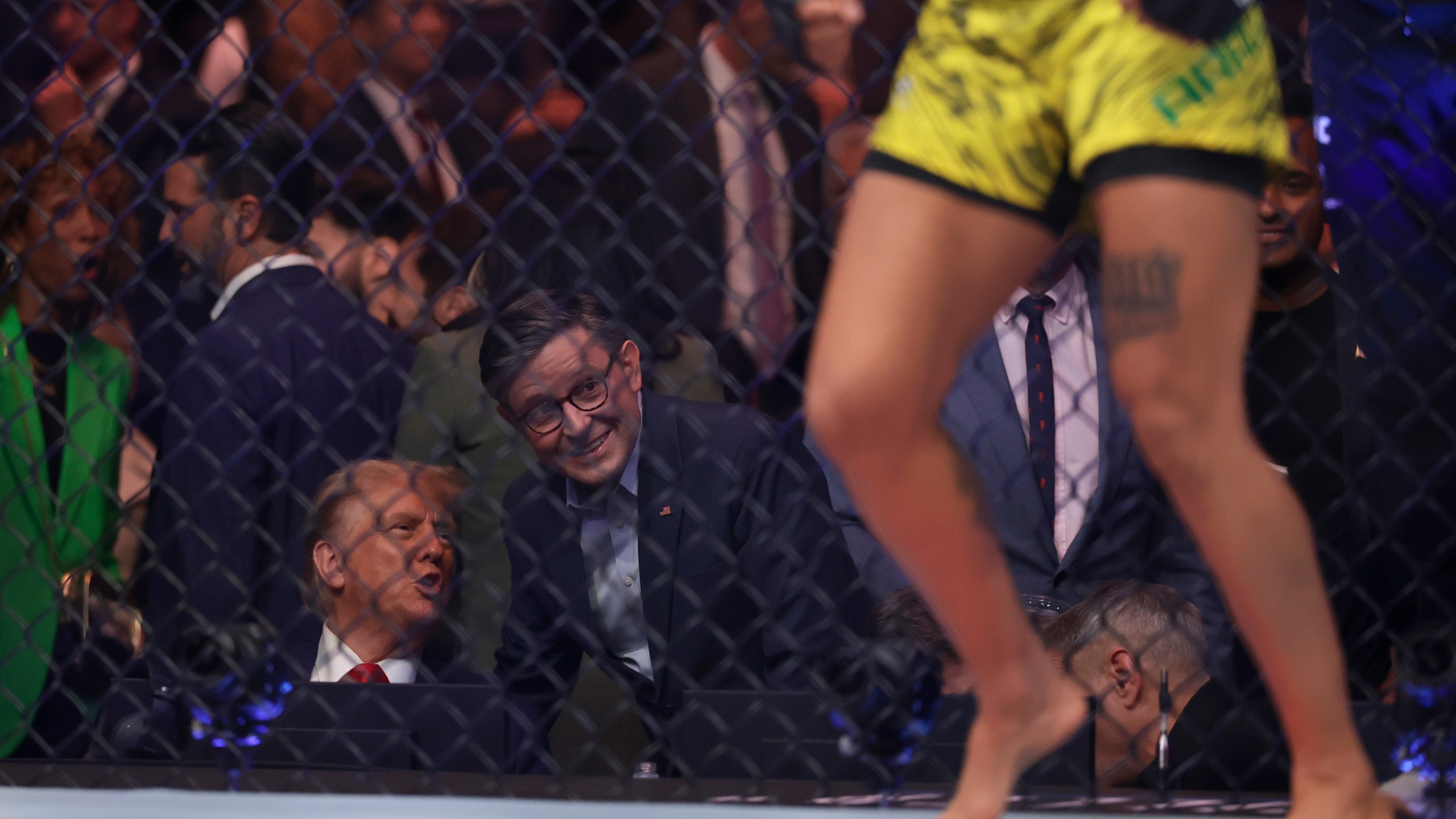 President-elect Donald Trump talks to House Speaker Mike Johnson, R-La., at a UFC 309 mixed martial arts flyweight title bout, Saturday, Nov. 16, 2024, in New York. (AP Photo/Adam Hunger)