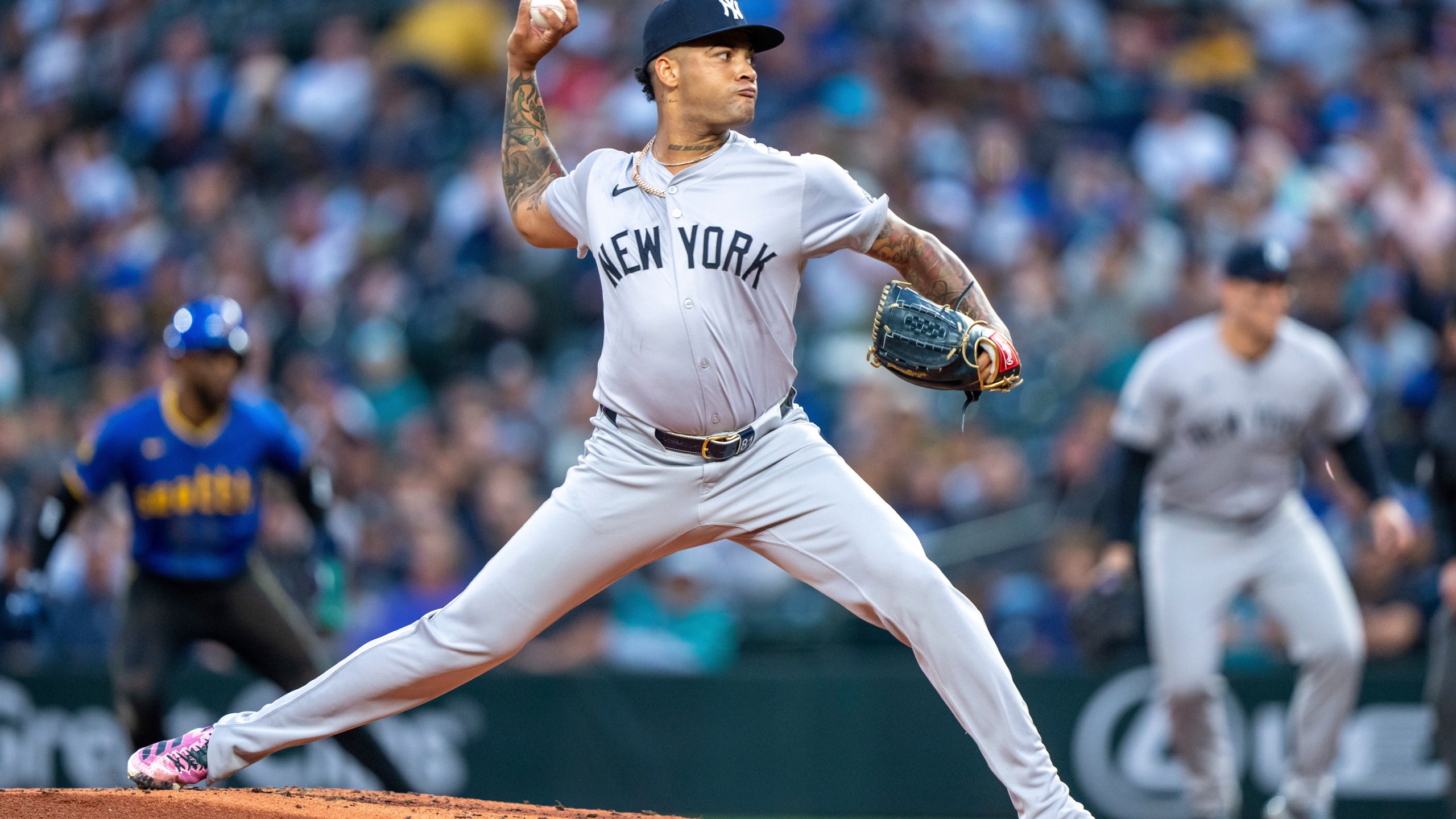 FILE - New York Yankees starter Luis Gil delivers a pitch during a baseball game against the Seattle Mariners, Sept. 17, 2024, in Seattle. (AP Photo/Stephen Brashear, File)