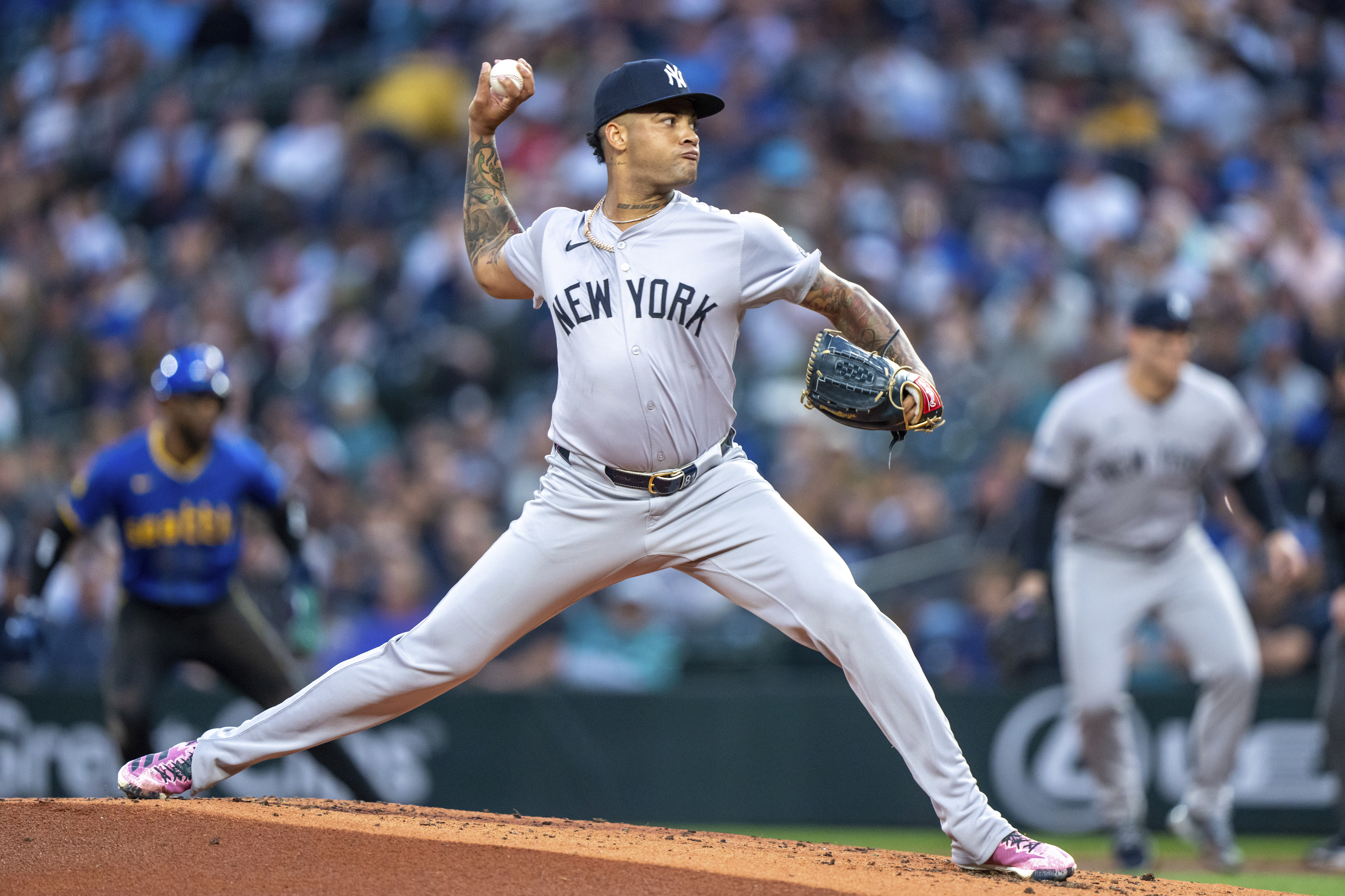 FILE - New York Yankees starter Luis Gil delivers a pitch during a baseball game against the Seattle Mariners, Sept. 17, 2024, in Seattle. (AP Photo/Stephen Brashear, File)