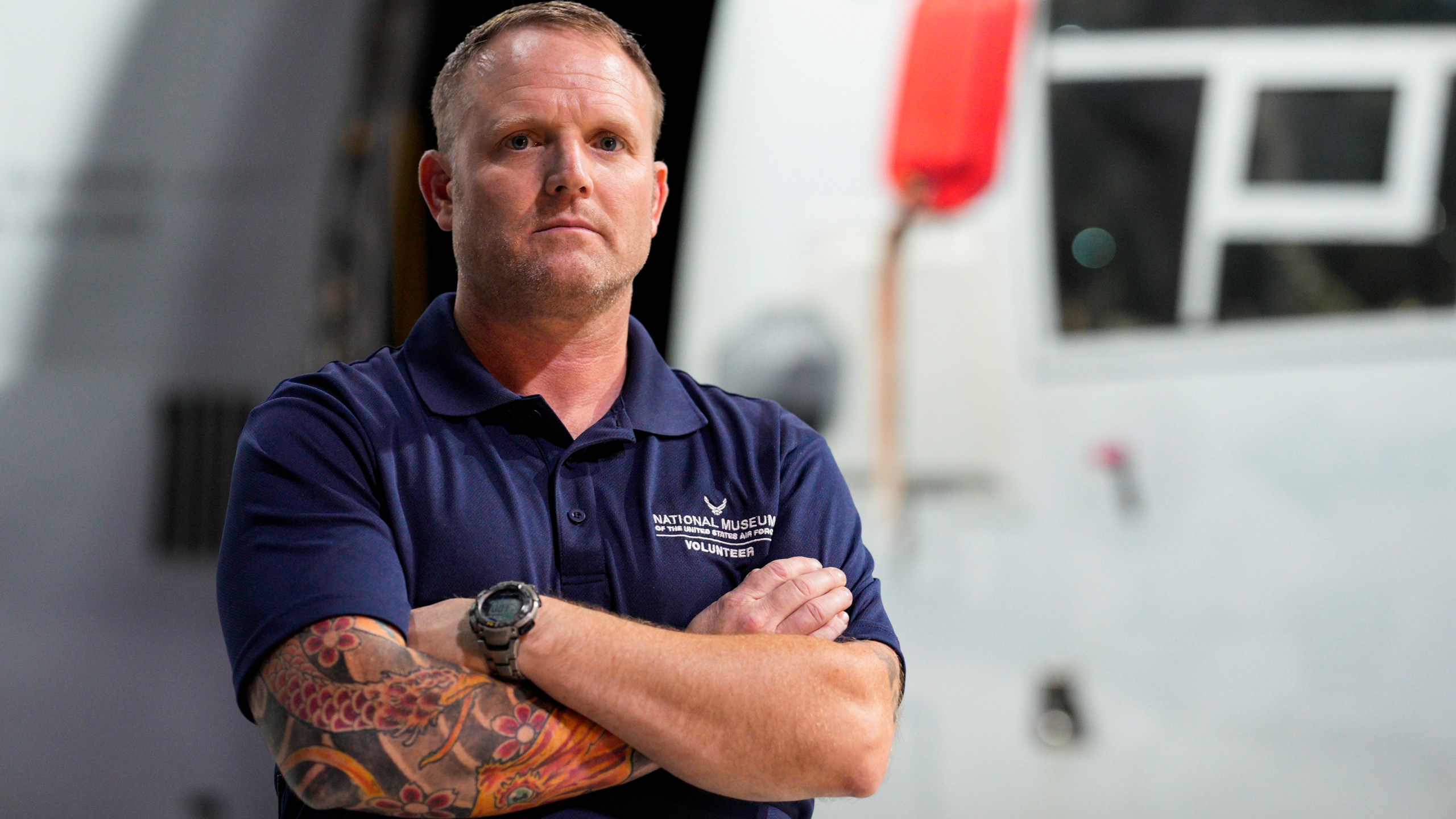 Former Air Force Osprey pilot Brian Luce poses for a portrait inside of the Wright Patterson AFB Air Force Museum, Aug. 9, 2024, in Dayton, Ohio. (AP Photo/Jeff Dean)