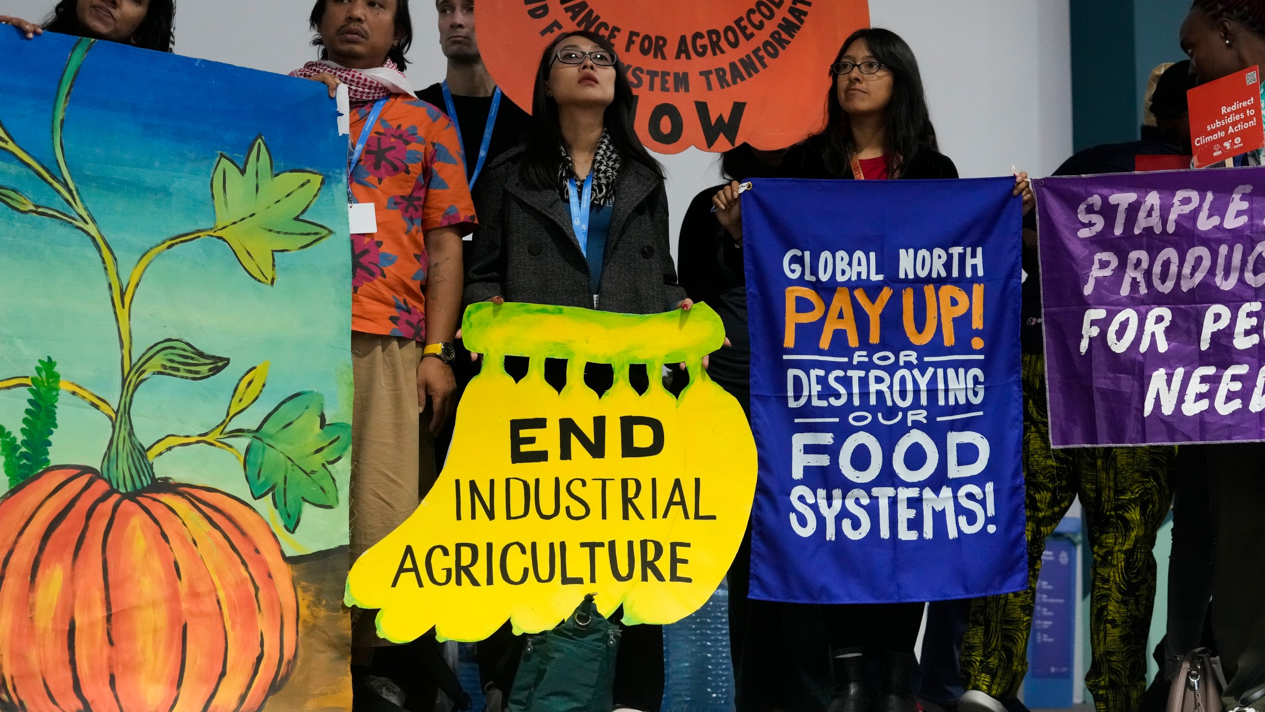 Activists participate in a demonstration for transforming food systems at the COP29 U.N. Climate Summit, Tuesday, Nov. 19, 2024, in Baku, Azerbaijan. (AP Photo/Rafiq Maqbool)