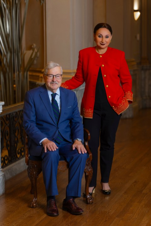 This photo provided by the World Food Prize Foundation shows Terry Branstad, left, and Mashal Husain on Thursday, Nov. 14, 2024. (Ryan Damman/World Food Prize Foundation via AP)