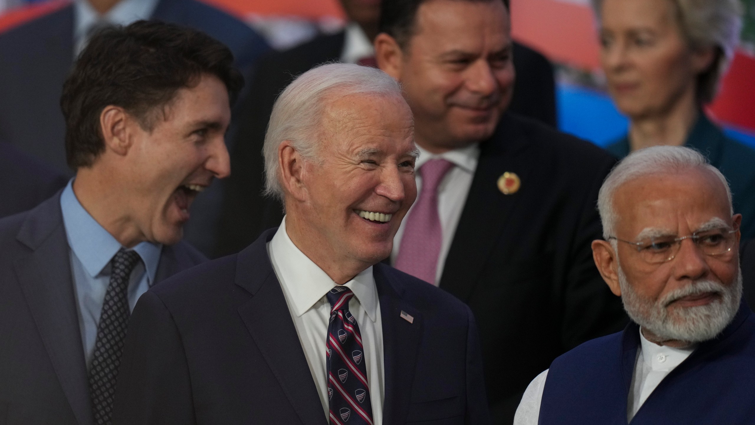 Canada's Prime Minister Justin Trudeau, from left, U.S. President Joe Biden and India's Prime Minister Narendra Modi gather for a G20 Summit world leaders' group photo, in Rio de Janeiro, Tuesday, Nov. 19, 2024. (AP Photo/Silvia Izquierdo)