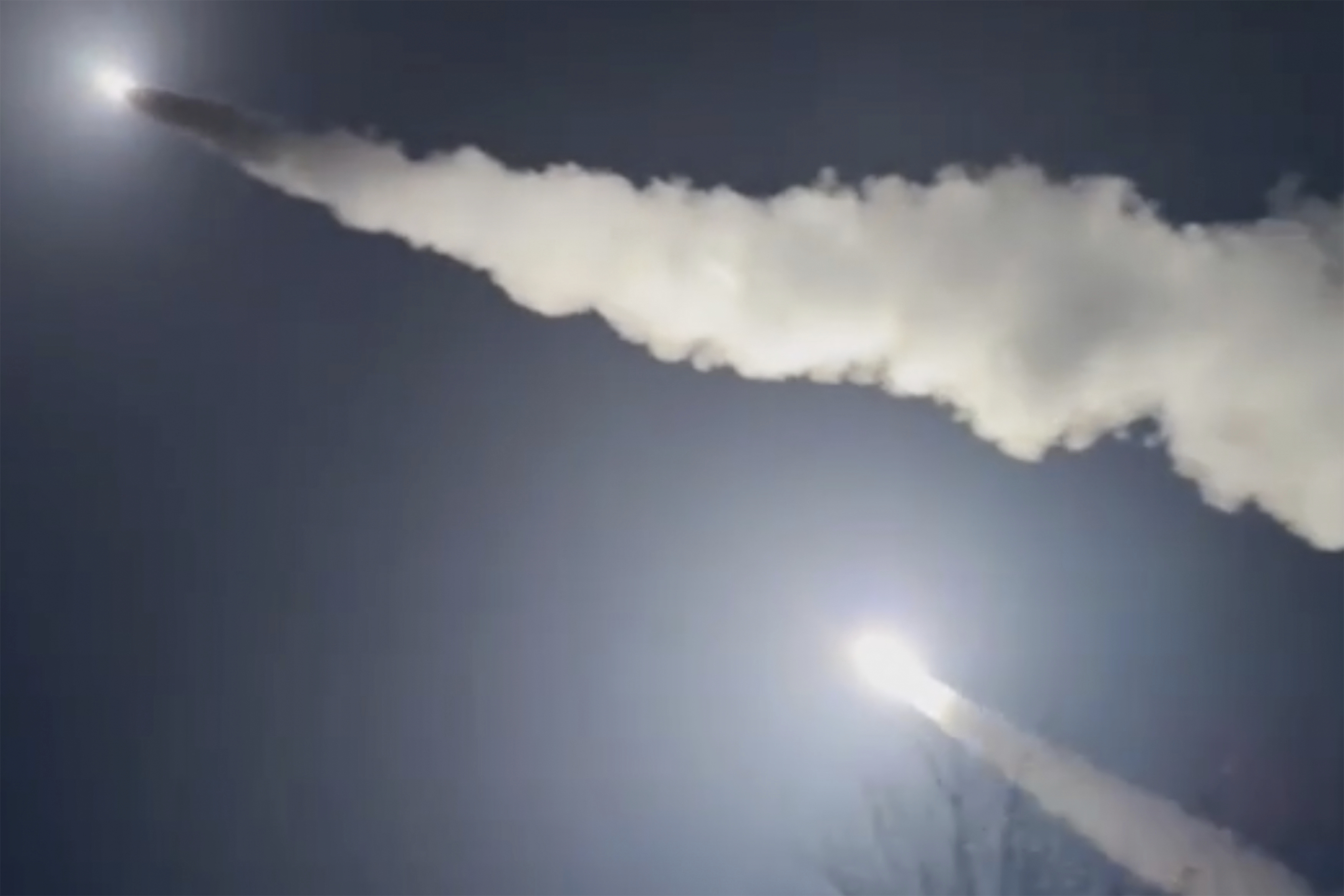 This image was made from a video posted by a Telegram channel affiliated with the Ukrainian military on Tuesday, Nov. 19, 2024. The channel says it shows U.S.-supplied ATACMS missiles being fired from an undisclosed location in Ukraine. The Associated Press cannot independently verify the date and location the video was filmed. (Lachen Pyshe Telegram via AP)